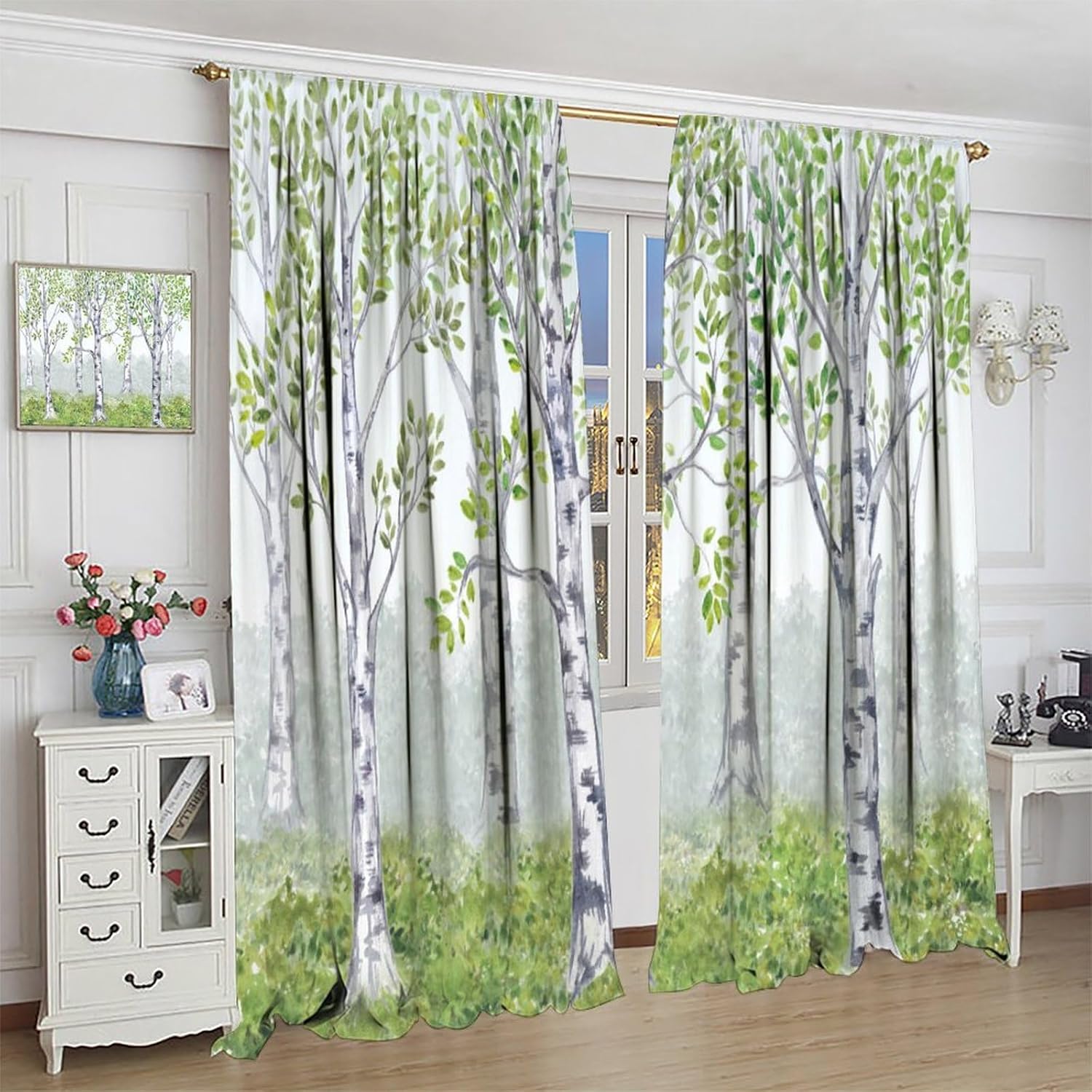 Trees Blackout Curtains Watercolor Nature Green Forest Woodland Art Print for Kids Girls Boys Bedroom Living Room Decor Rod Pocket Window Drape 42x54in
