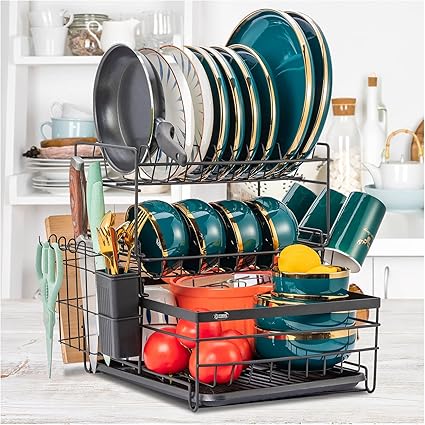 Amazon Co Jp 水切りラック 3段式 食器 水切りかご キッチン 収納 スリム 食器乾燥ラック ステンレス製 錆びない ドリップトレー付き 箸立て 食器置き 黒 ホーム キッチン