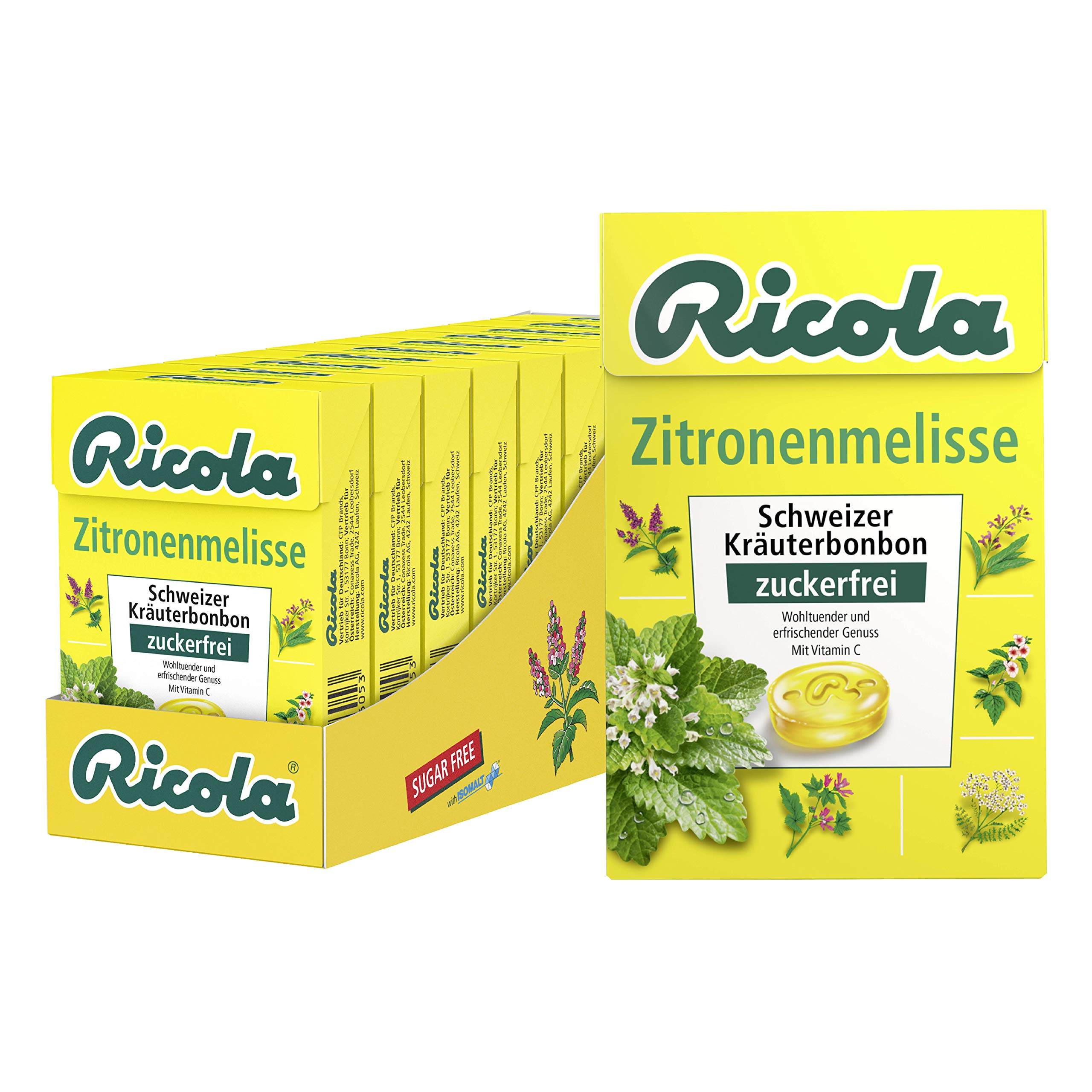 Ricola Zitronenmelisse, Schweizer Kräuterbonbon, 10 x 50g Böxli, ohne Zucker, Wohltuend und erfrischender Genuss & Apfelminze, Schweizer Kräuterbonbon, 10 x 50g Böxli, ohne Zucker