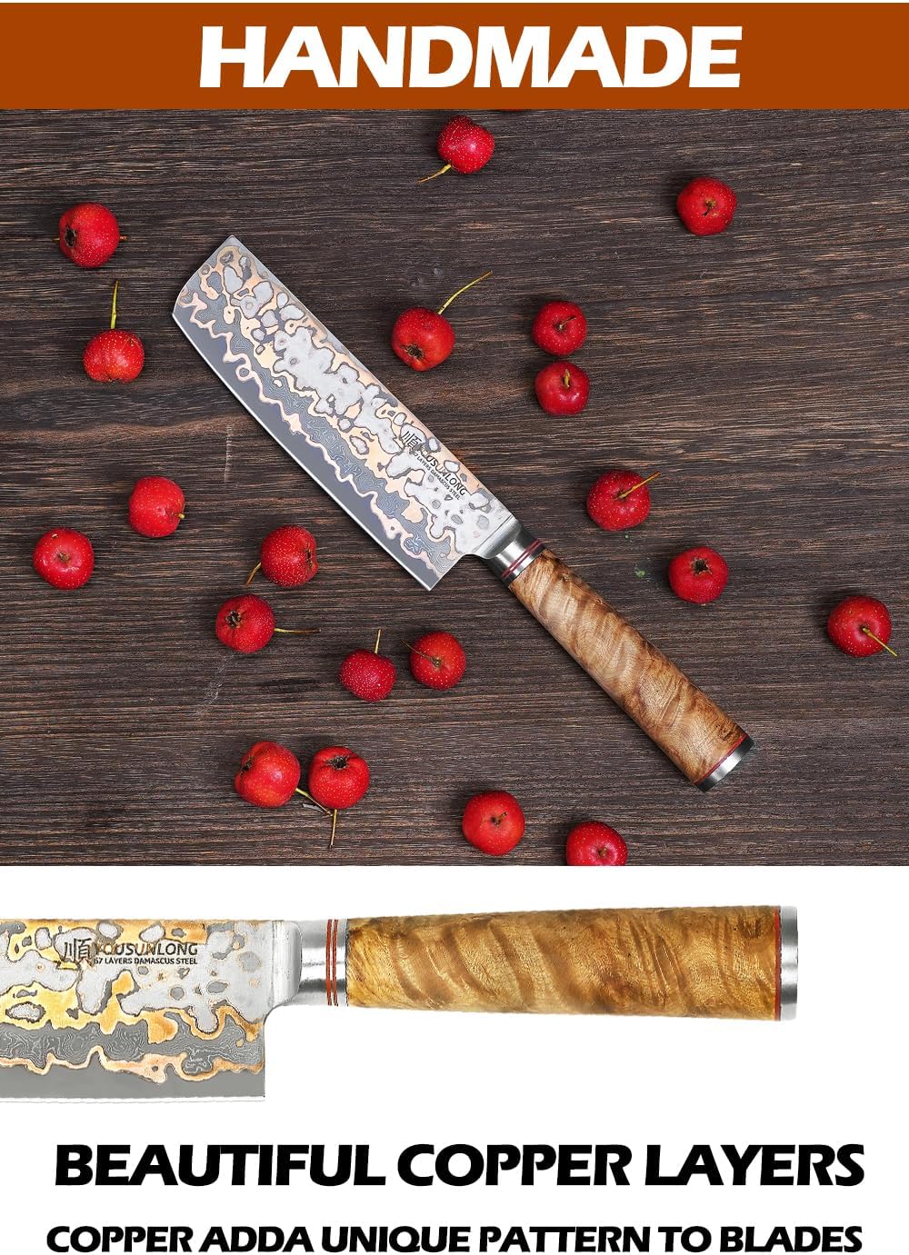 YOUSUNLONG Nakiri Asian Vegetable Knife 6.5“ - Ultra Sharp - Japanese Handmade Copper Damascus Steel Kitchen Knife Chef Knife - Naturel Burl Wooden Handle with Acacia Wood Box and Leather