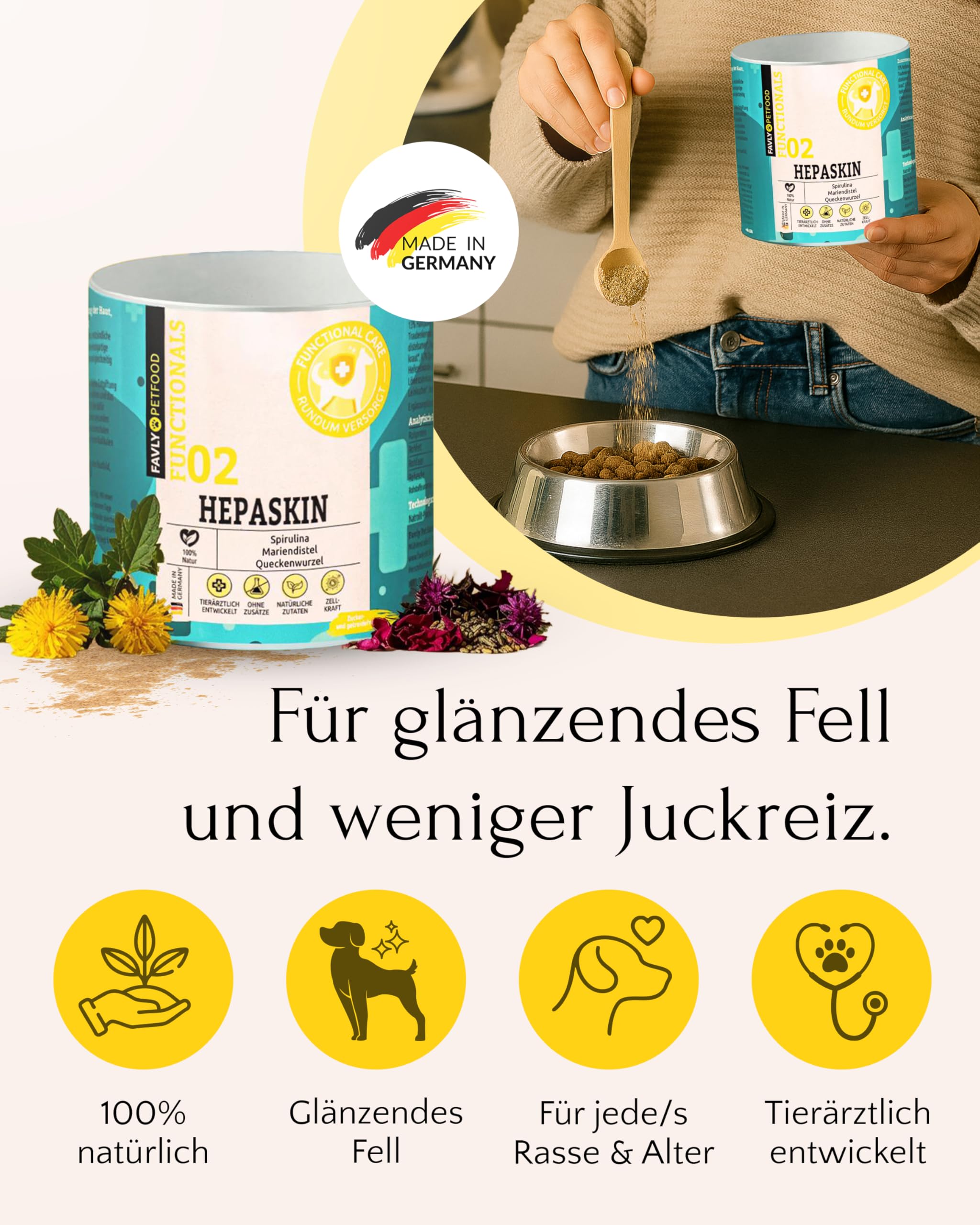 FAVLY – HEPASKIN Fellpflege Pulver 3x250g für Hunde & Katzen – Ergänzungsfuttermittel Topping mit Mariendistel, Omega-3 & Spirulina – bei Juckreiz, Schuppen & stumpfem Fell – Ohne Getreide & Zusätze