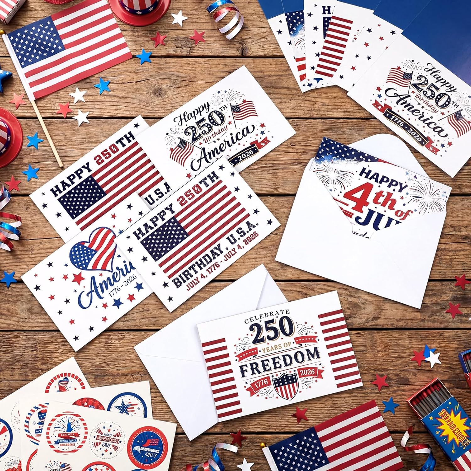 Sherr 120 Pcs Patriotic 4th of July Greeting Cards Bulk for 250th Anniversary with 120 White Envelopes and 24 Stickers Veterans Memorial Independence Day 4 x 6 Inch Note Cards for America Party