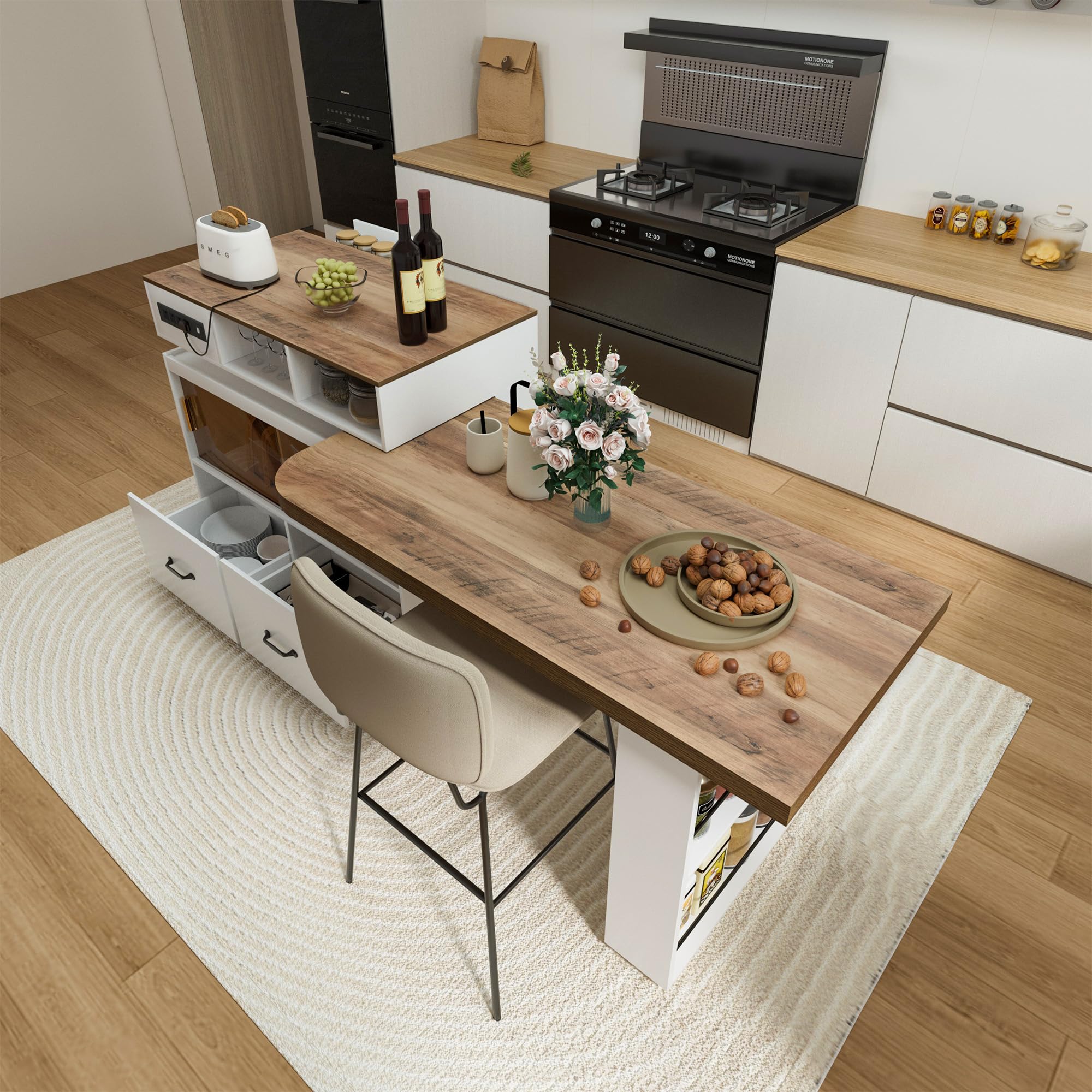 Kitchen Island Storage &amp; Seating, Wheeled &amp; Extendable Table for Kitchen