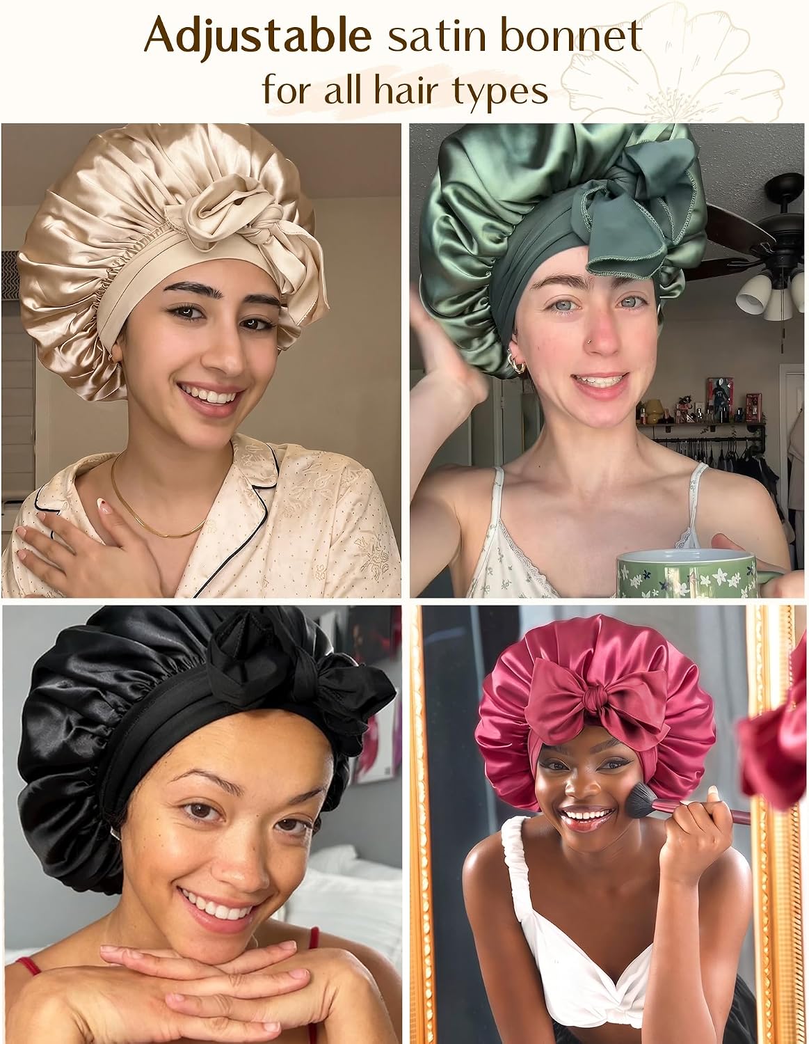  Adjustable Silk Bonnet for Sleeping Women Double Layer Satin Bonnet Reduce Friction Prevent Frizz Curly Hair thumbnail