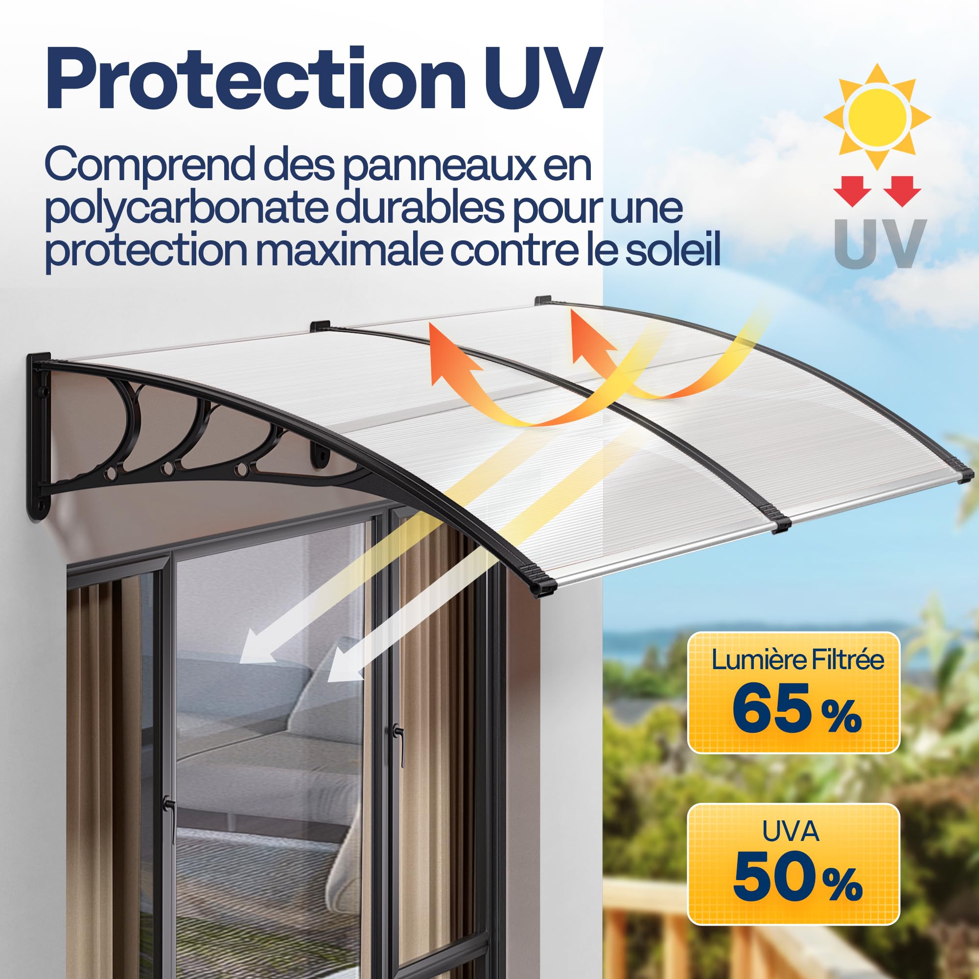 VIVOHOME Auvent de Porte et fenêtres 300x100cm Marquise de Porte Exterieur en Polycarbonate Transparent auvent en Arc pentu Protection Contre Pluie et UV pour Terrasse Balcon Patio