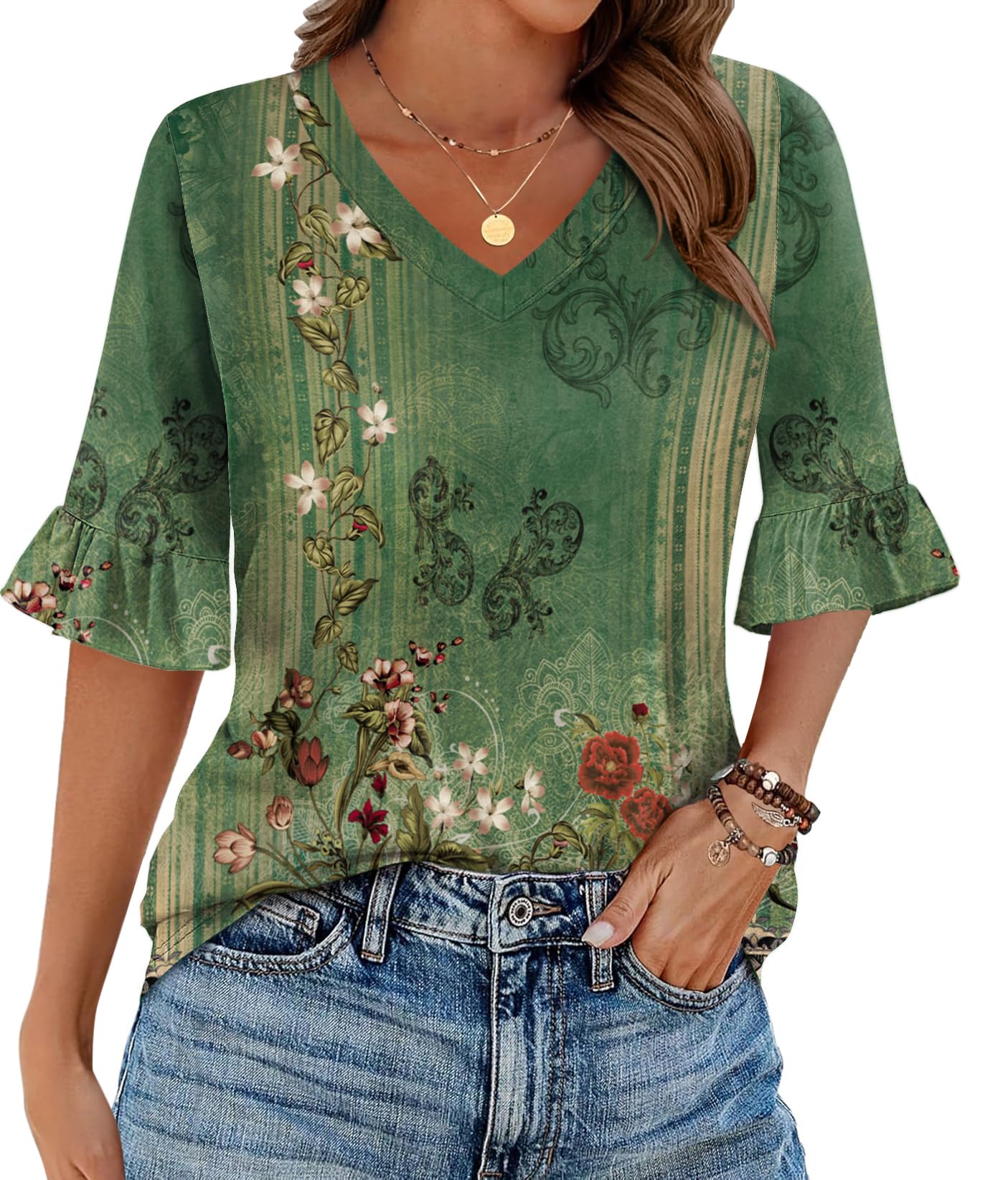 Zeagoo Womens Tops Casual V Neck Shirts Floral Solid Blouse Ruffle Tunics 3/4 Sleeve Tshirt S-XXL