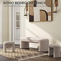 Vista 5 de Juego de Bancos Otomanos Anidables de 3 Piezas, Banco Tapizado de 53" de Largo para Pie de Cama con 2 Taburetes para Pies de 15", Banco Arqueado