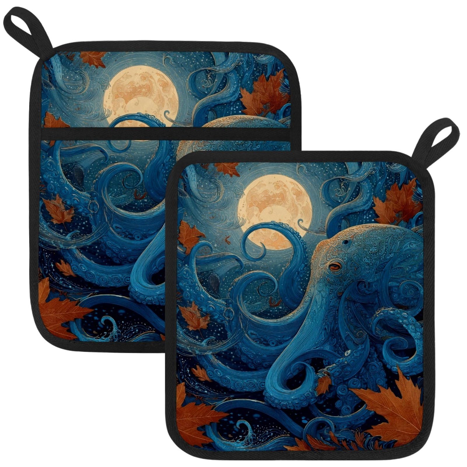 VAPOKF Octopus Moon Pot Holders with Pocket for Kitchen Heat Resistant Potholders Large Polyester-Cotton Square Oven Mitts Set