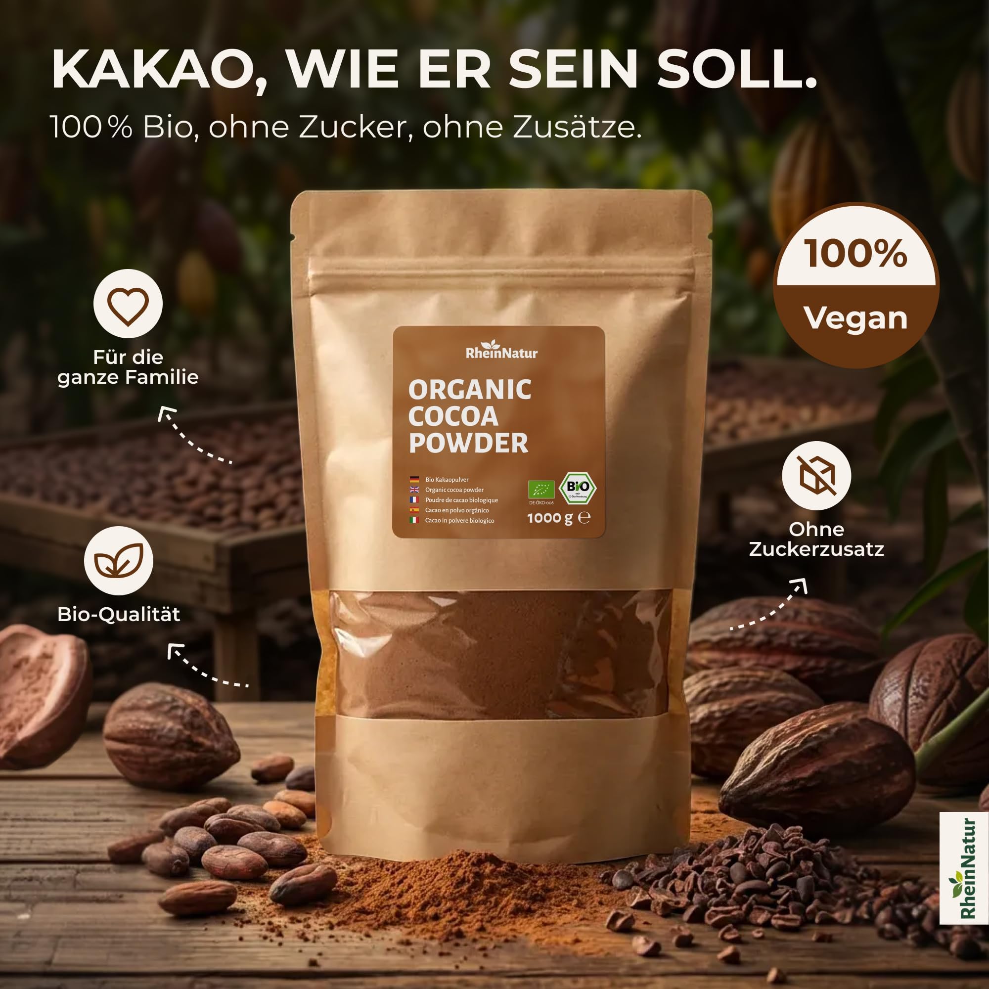 RheinNatur Bio Kakaopulver 1 kg - 100% reiner Kakao in Bio-Qualität, ungesüßt & ohne Zusatzstoffe - Ideal zum Backen, für heiße Schokolade & Smoothies - 1000 g Beutel