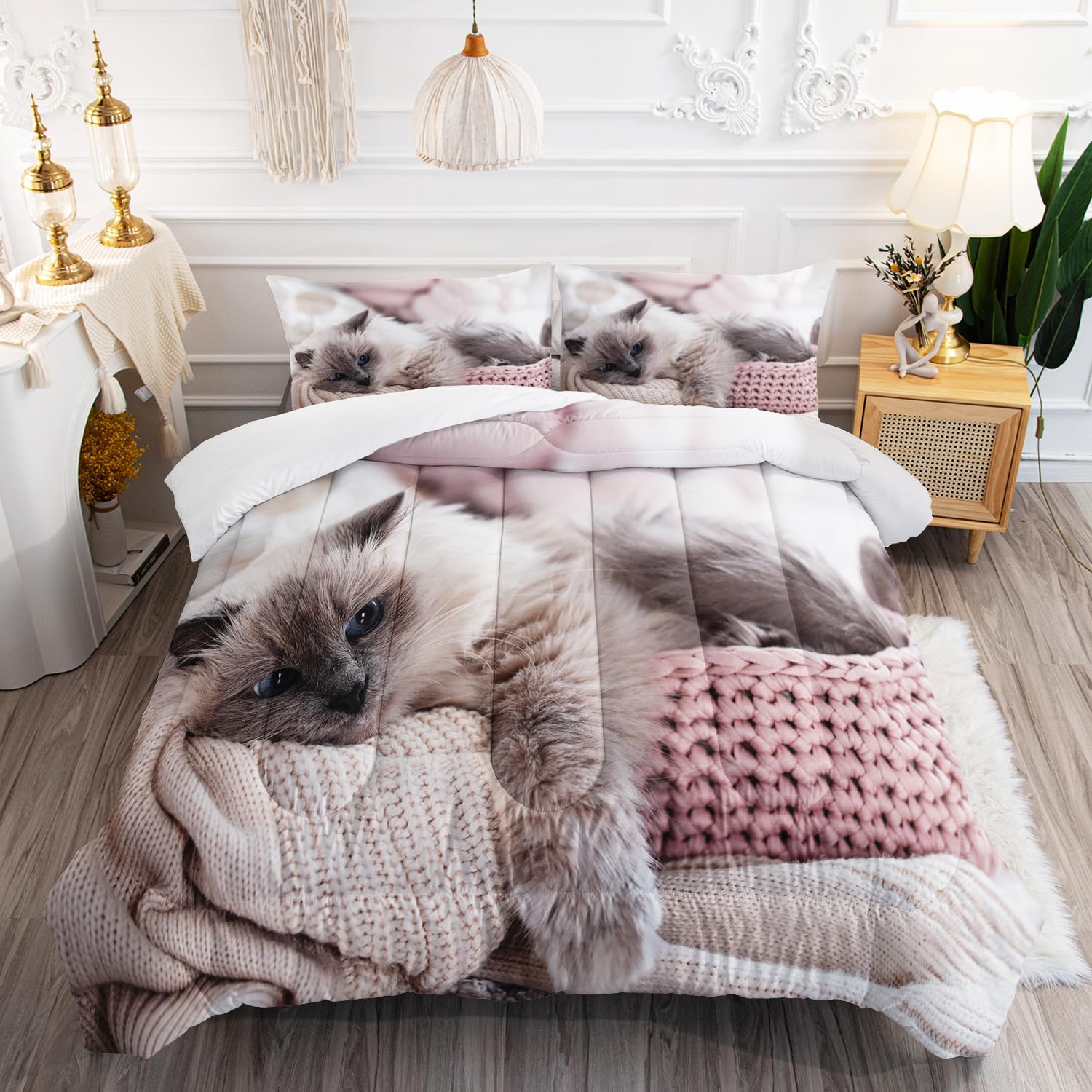 AILONEN Cat Comforter Set Queen for Girls - Bed in a Bag Duvet Set, Cute Pet Animal Lover Bedding, 3 Pieces With 1 Quilt and 2 Pillowcases Cat100 Queen