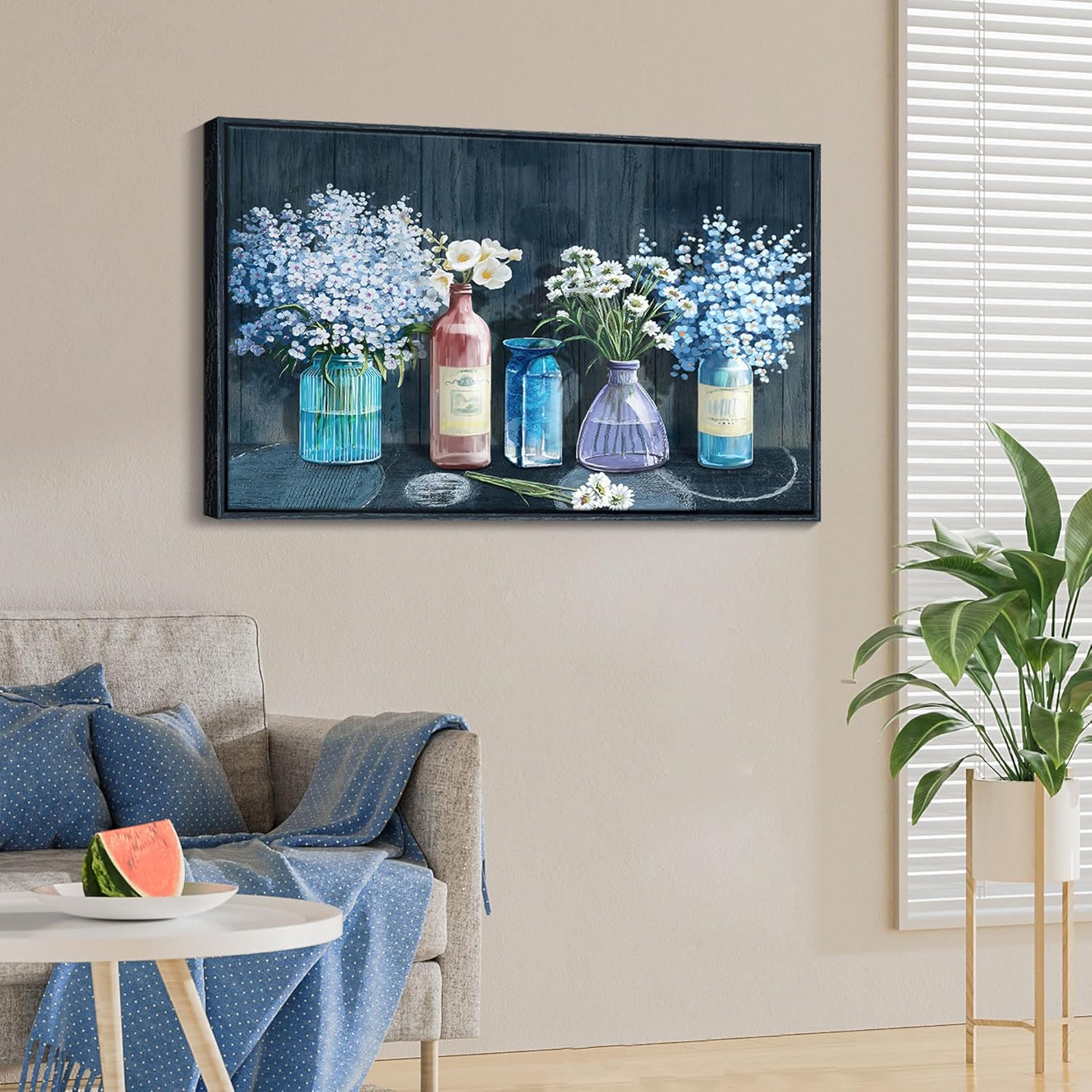 HKDGOKA Framed Wall Art Living Room Pictures Wall Decor Blue Vase Black Framed Poster Print Modern Painting Artworks for Bedroom Bathroom Kitchen Decoration 24x36 inch