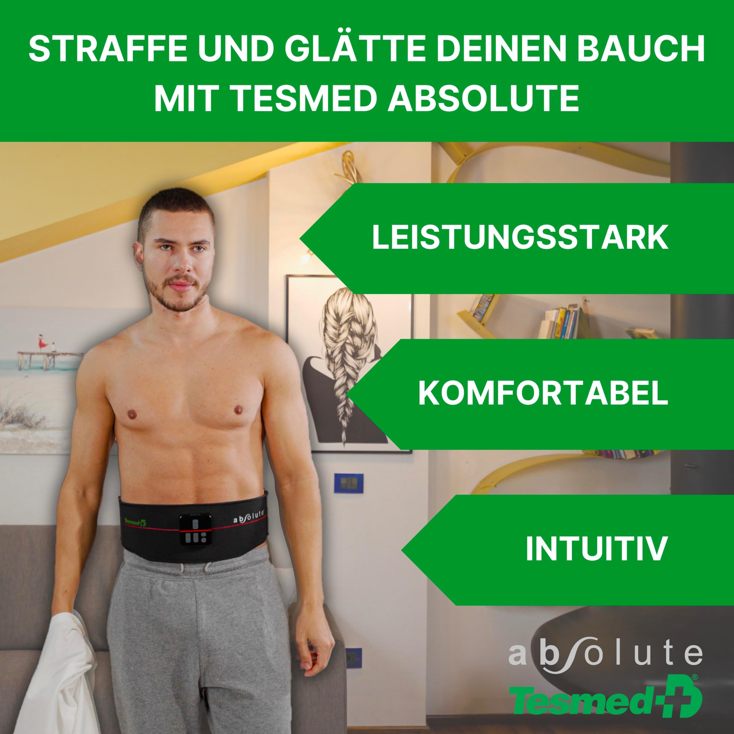 TESMED Absolute: Elektrischer EMS-Bauchmuskeltrainer-Gürtel. EMS-Trainingsgerät für zentrale und seitliche Elektrostimulation des Bauches. Unisex, Wiederaufladbar, Made in Italy.