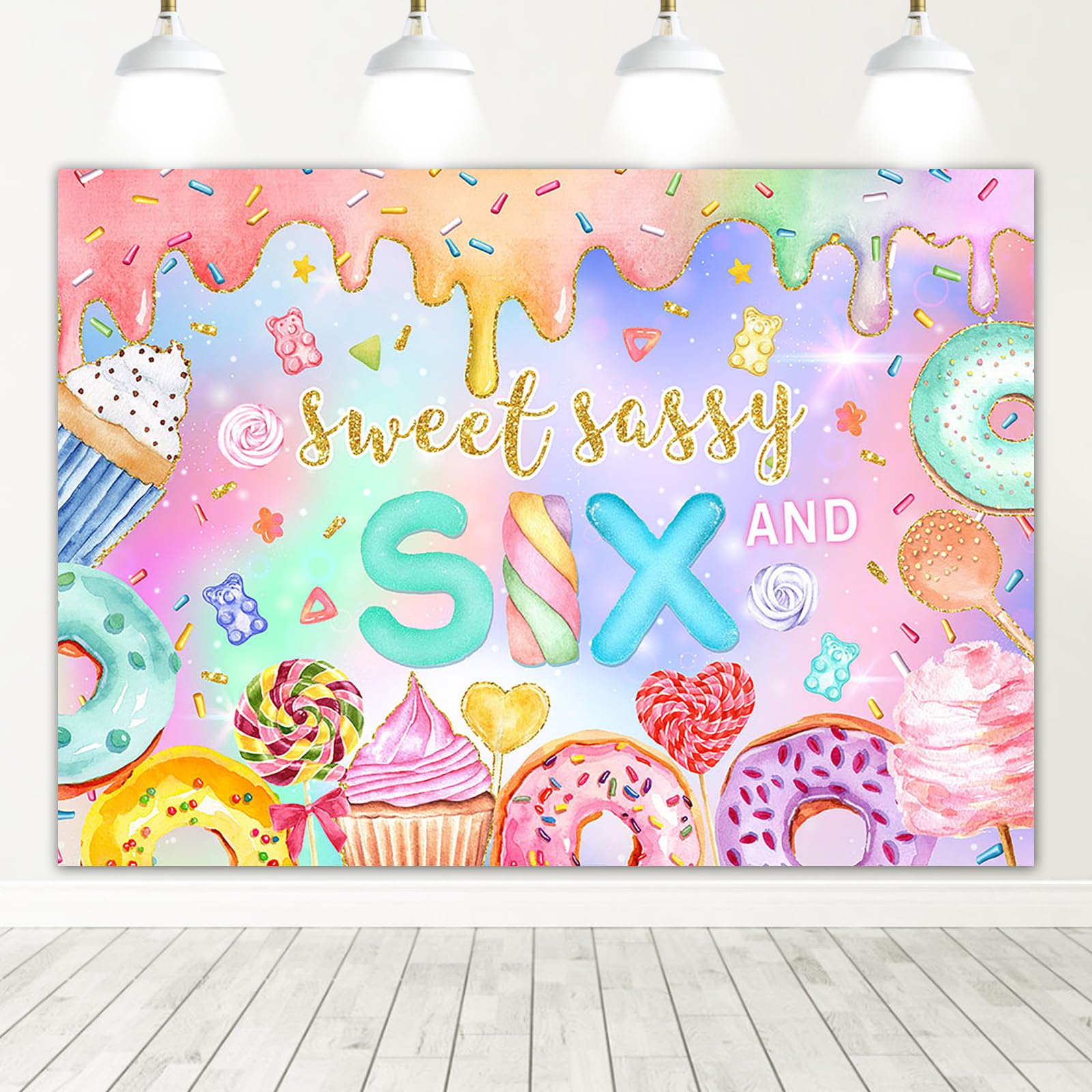 Mocsicka Sweet Sassy and Six Birthday Backdrop Girls Sweet Candy Donut 6th Birthday Party Decorations Photo Booth Props (6th Birthday, 7x5ft)