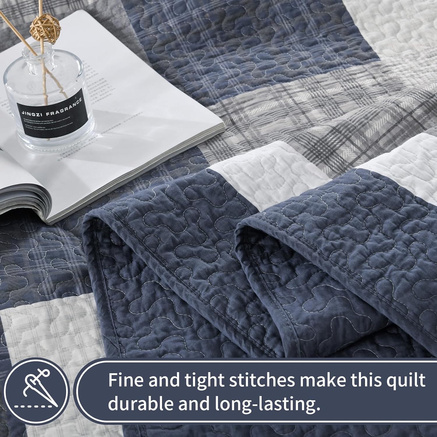 KALOOLA Farmhouse Quilt King Size - 100% Cotton Lightweight Quilted Bedding Set 3 Pcs, Cottage Printed Plaid Bedspread with 2 Pillow Shams, Reversible Bed Coverlet for All Season, Blue/Beige/White - Image 4