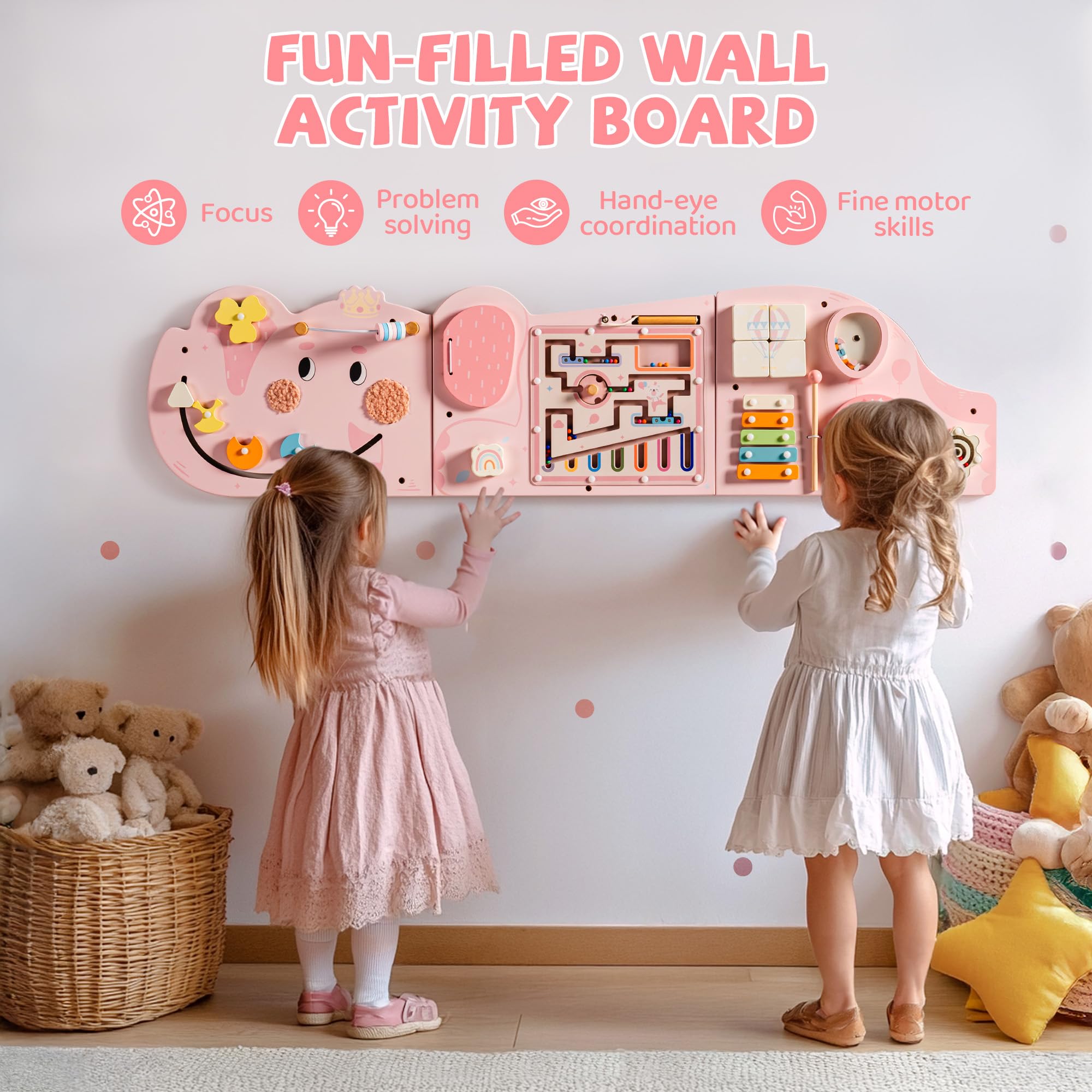 Montessori Tavola Motorizzata in Legno 11 in 1 Busy Board Giocattolo da Parete per Bambini 18 Mesi Rosa