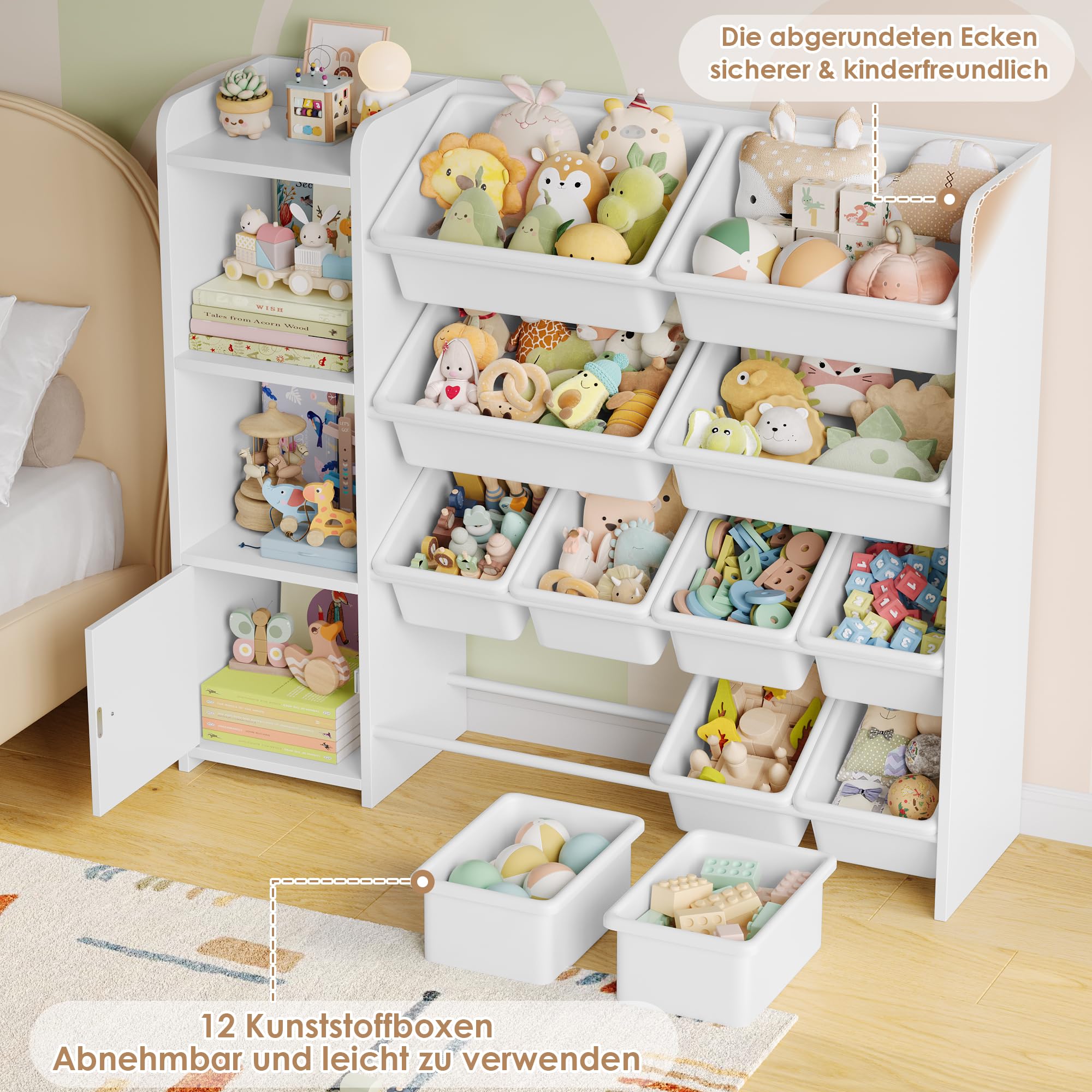 FOREHILL Kinderregal mit 12 Boxen, Kinder Bücherregal, Kinderschrank Weiß | Kinderregal, Kinderzimmer Möbel, Spielzeugregal für Kinder, Spielzeug Aufbewahrung für Kindergarten, Leseecke, 112,5x100x30cm