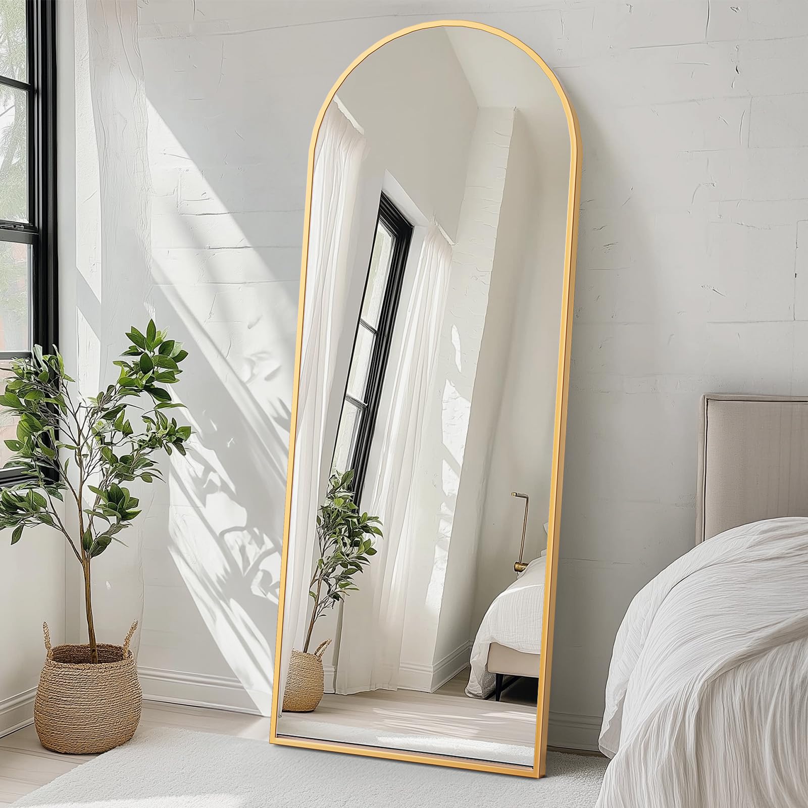 Sweetcrispy 71"x26" Arched Full Length Mirror, Standing or Leaning Full Body Mirror with Aluminum Alloy Thin Frame, Suitable for Bedroom or Cloakroom,Gold