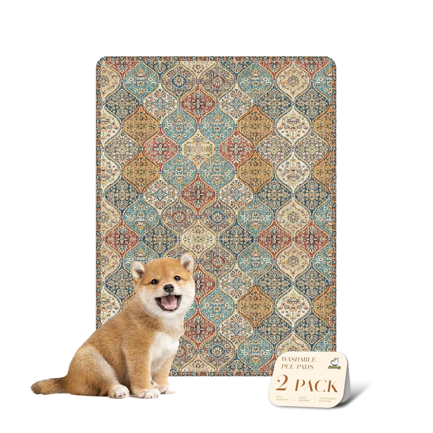 nunubaby Washable Pee Pads for Dogs, Stylish, Non-Slip and Leak-Proof Pee Mat. ultra-absorbent Reusable potty pad for Crates and Floors.(Cream/Multi, 18" x24" )