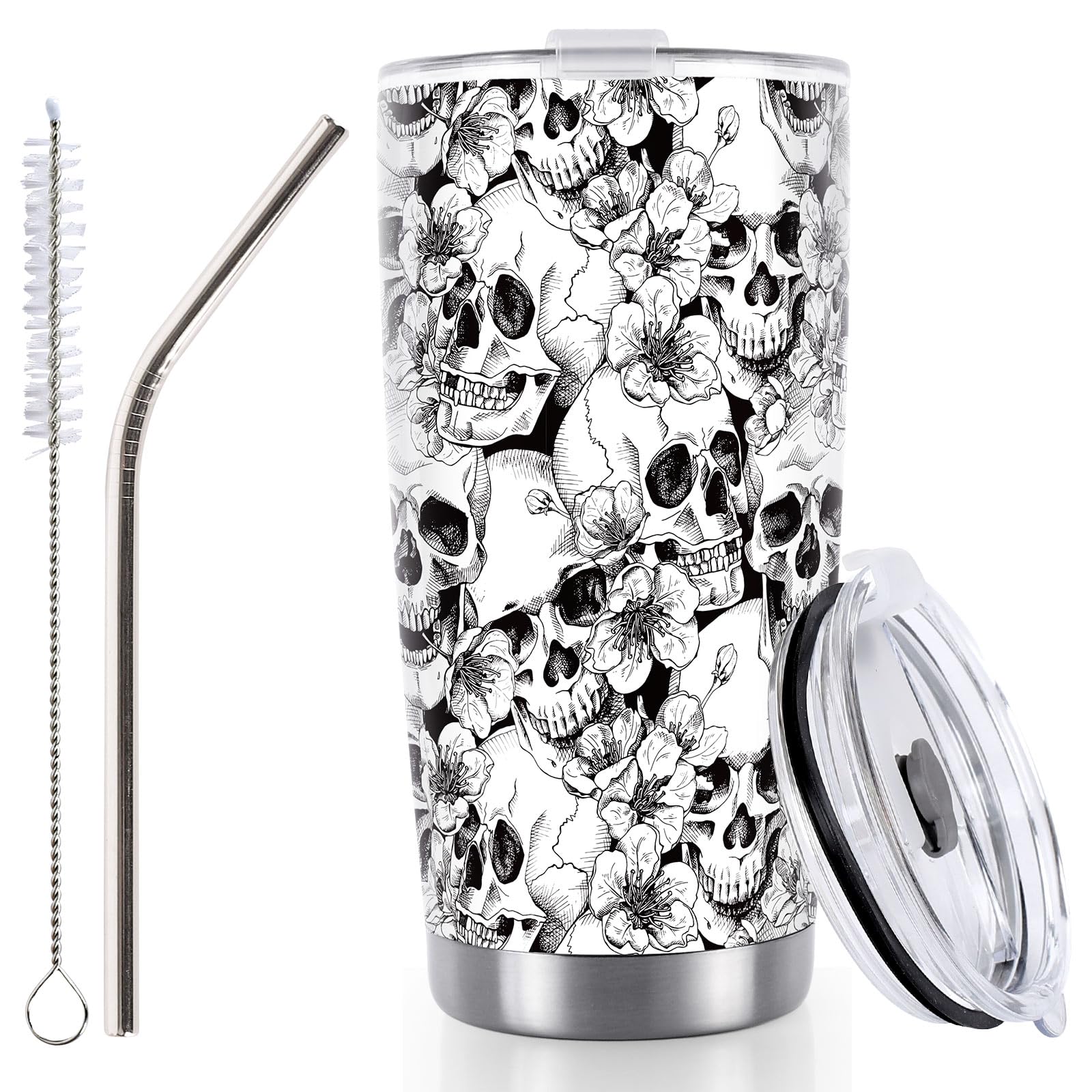 Whaline Halloween Skull Tumbler Stainless Steel Travel Tumbler with Lid Straw and Brush Spooky Coffee Mug Cup for Women Travel Birthday Horror Gift