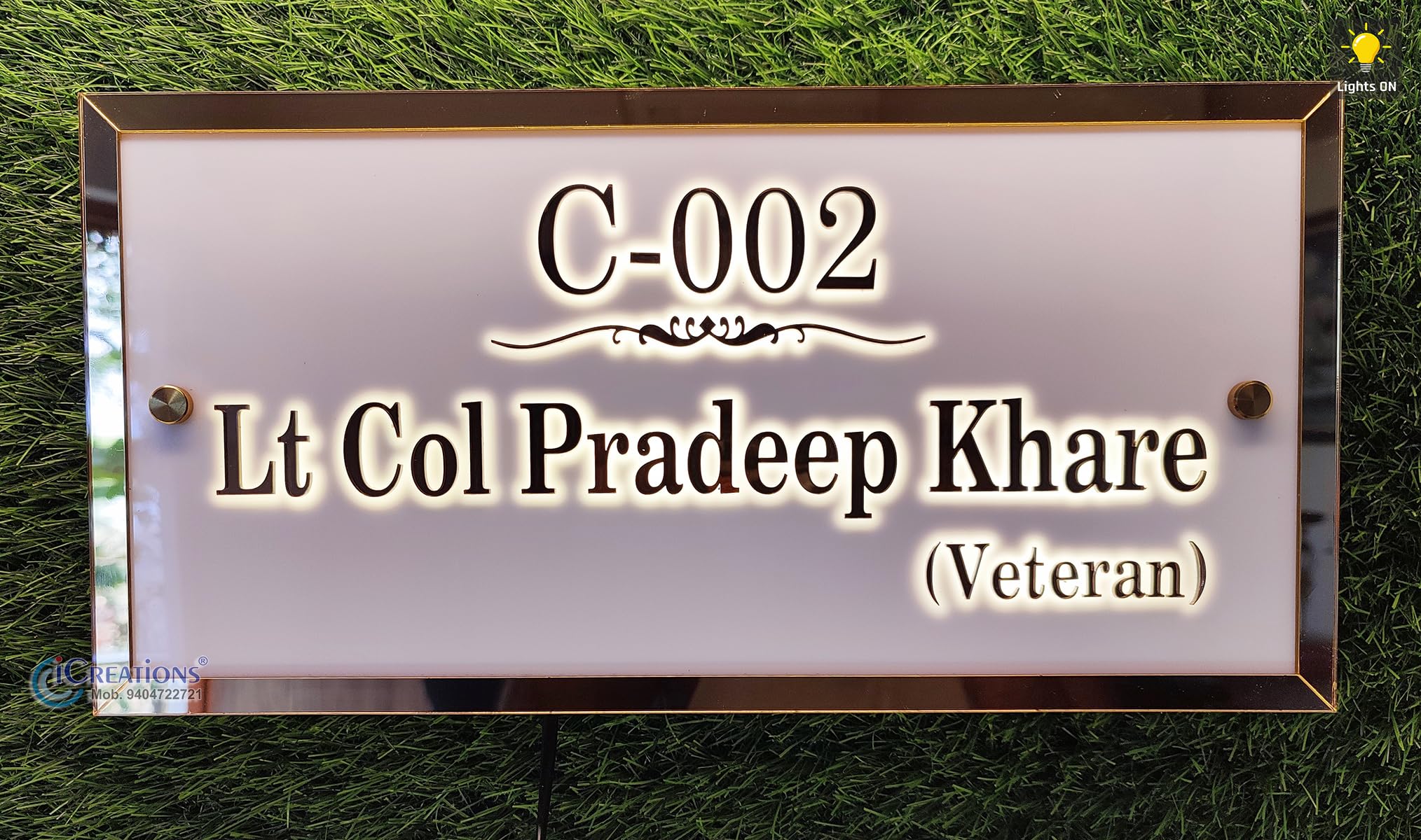 iCreations Customizable LED Acrylic Nameplate for Home - White Background with Elevated Bronze Letters, 8x16 Inch
