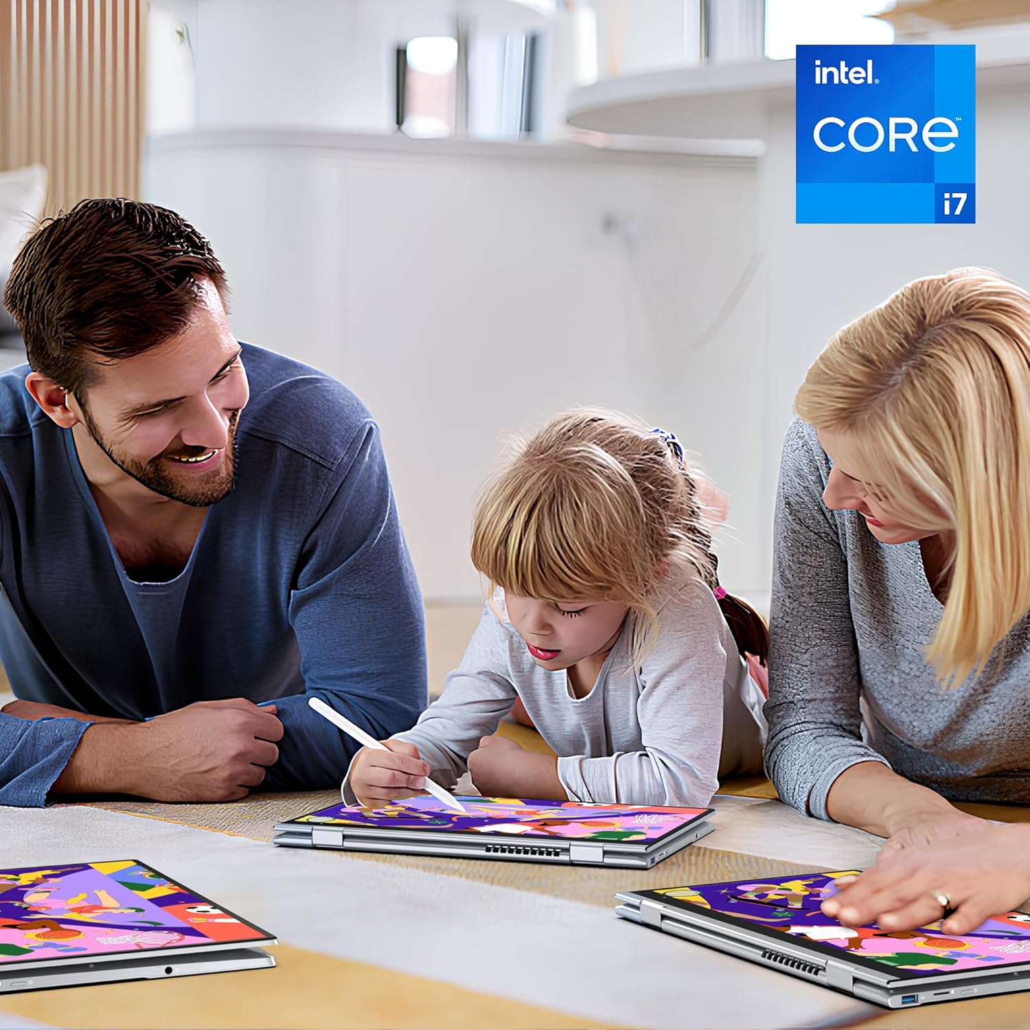 FUNYET 2-in-1 laptop transforming through Notebook Mode, Stand Mode, Tent Mode, and Tablet Mode.