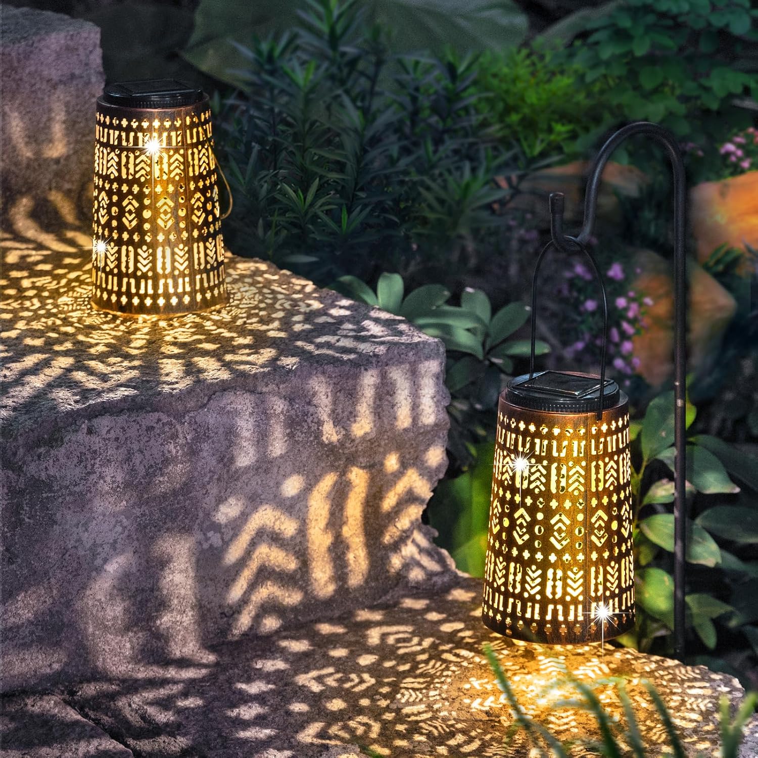 Solar Lanterns - Outdoor Garden Decor - Hanging Solar Lights for Outside Gardening Gifts, Bohemian Outdoor Decorations for Patio, Balcony, Yard Ornament (2PC)