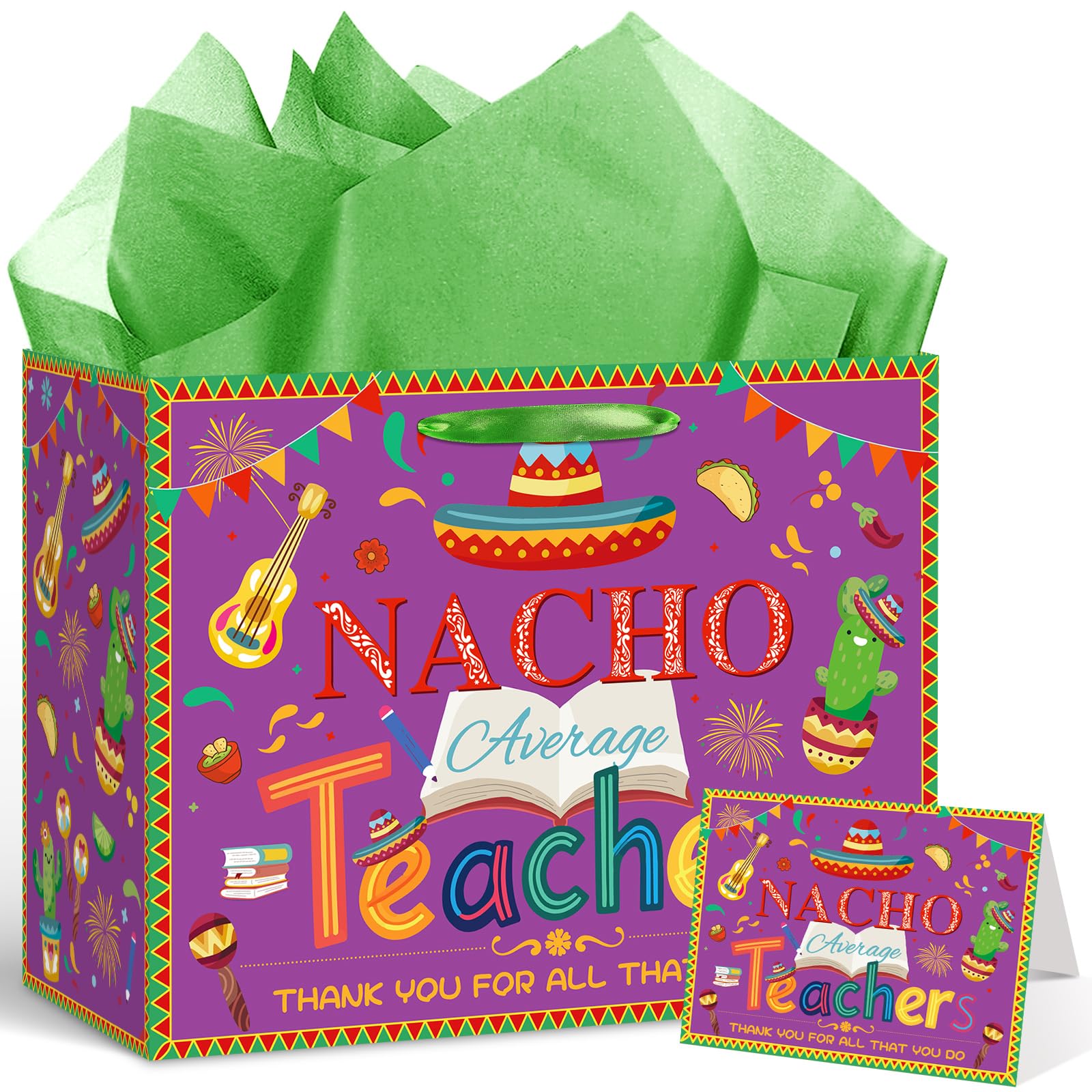 Woosytoo Nacho Average Teacher Appreciation Gift Bag with Wrapping Paper Card Mexican Fiesta Teacher Appreciation Week End of Year Thank You Gifts for Women Men Educators Daycare Tutors Best Presents
