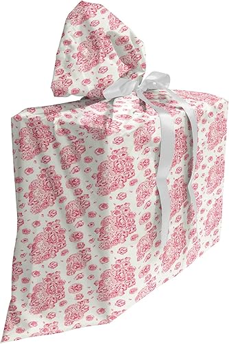 Ambesonne Bolsa de regalo de tela coral, peonías de rosas inglesas, ramo victoriano, ramillete floreciente, saco de regalo para cumpleaños con 3