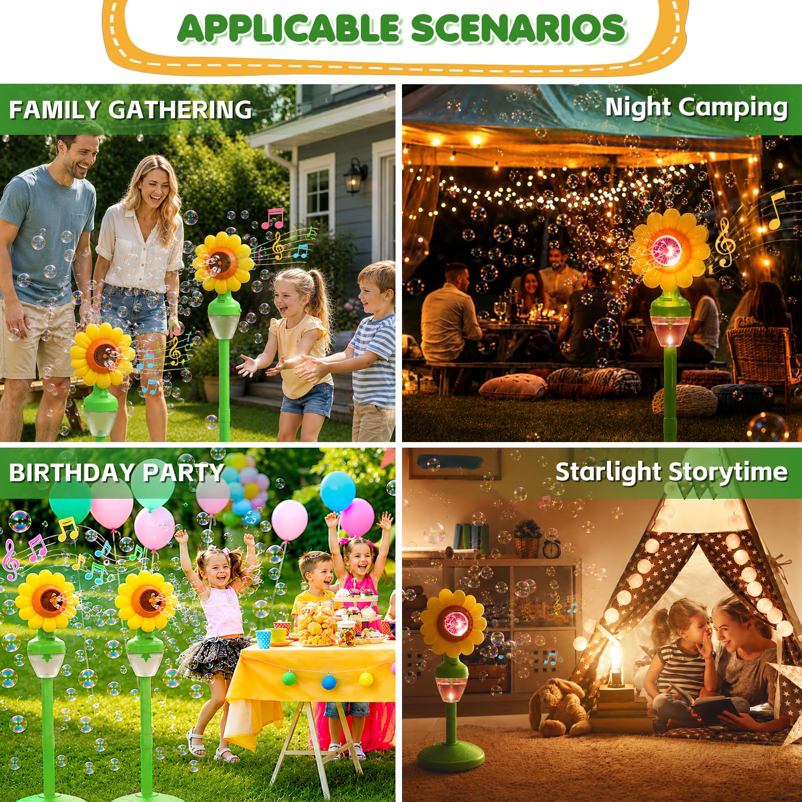 Máquina de burbujas de jabón para niños, girasoles, de pie, con batería, con luz LED y música, 150 ml + 20 x líquido de burbujas para cumpleaños/fiesta/boda