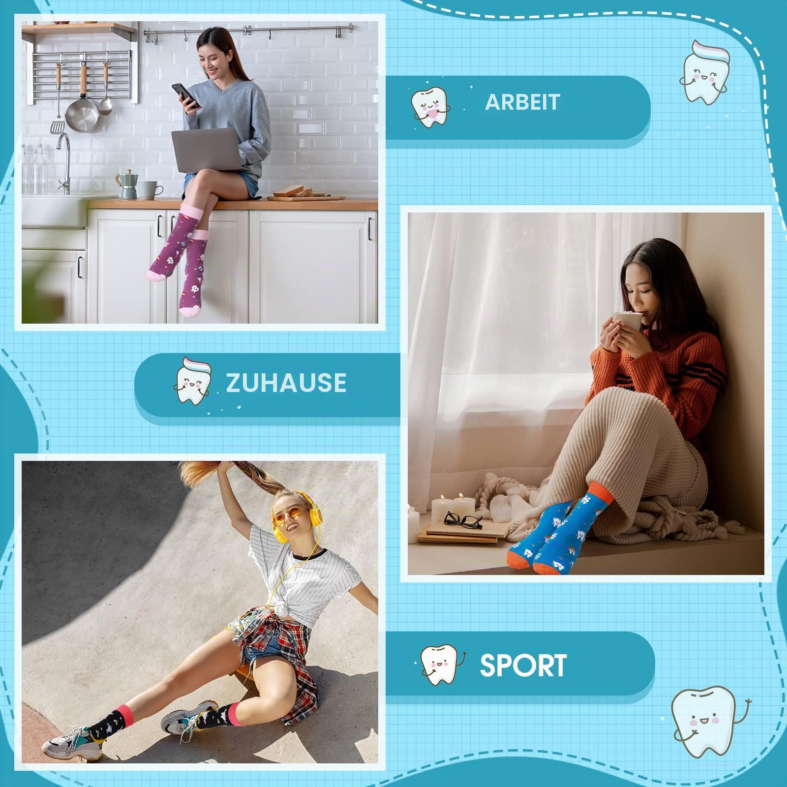 Wesiti 12 Paar Zahnsocken Neuheit Zahnarzt Hygieniker Geschenk Niedliche Krankenschwester Zahnassistent Liebe Zähne Socken Geschenke für Damen Herren, helle Farbe, Medium-Large