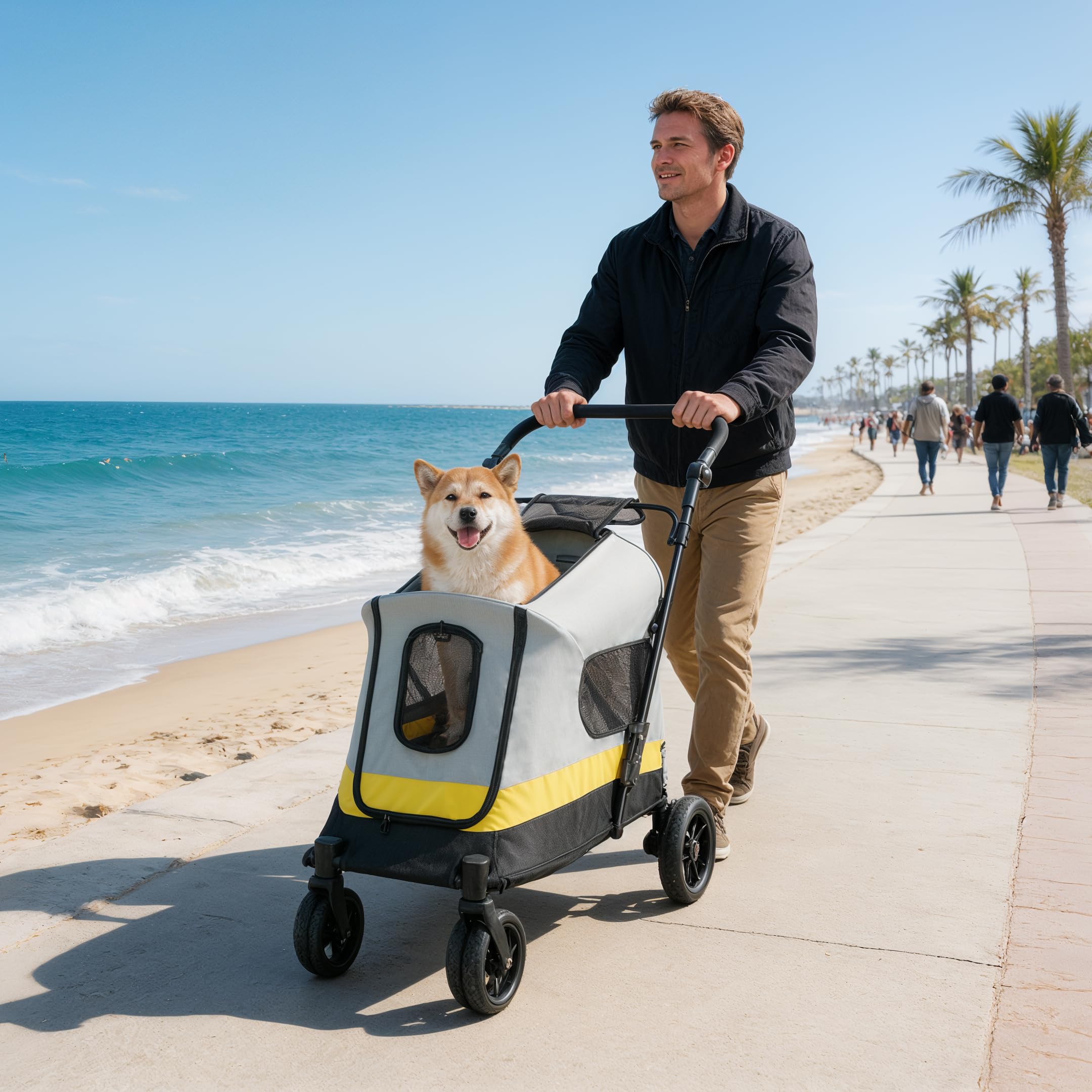BingoPaw Carro Perro Pequeño Mediano: Carrito para Perros Paseo Plegable Cochecito para Perros con Ruedas Amortiguadora con Frenos Puertas Frontal y Trasera, 102x62x73cm