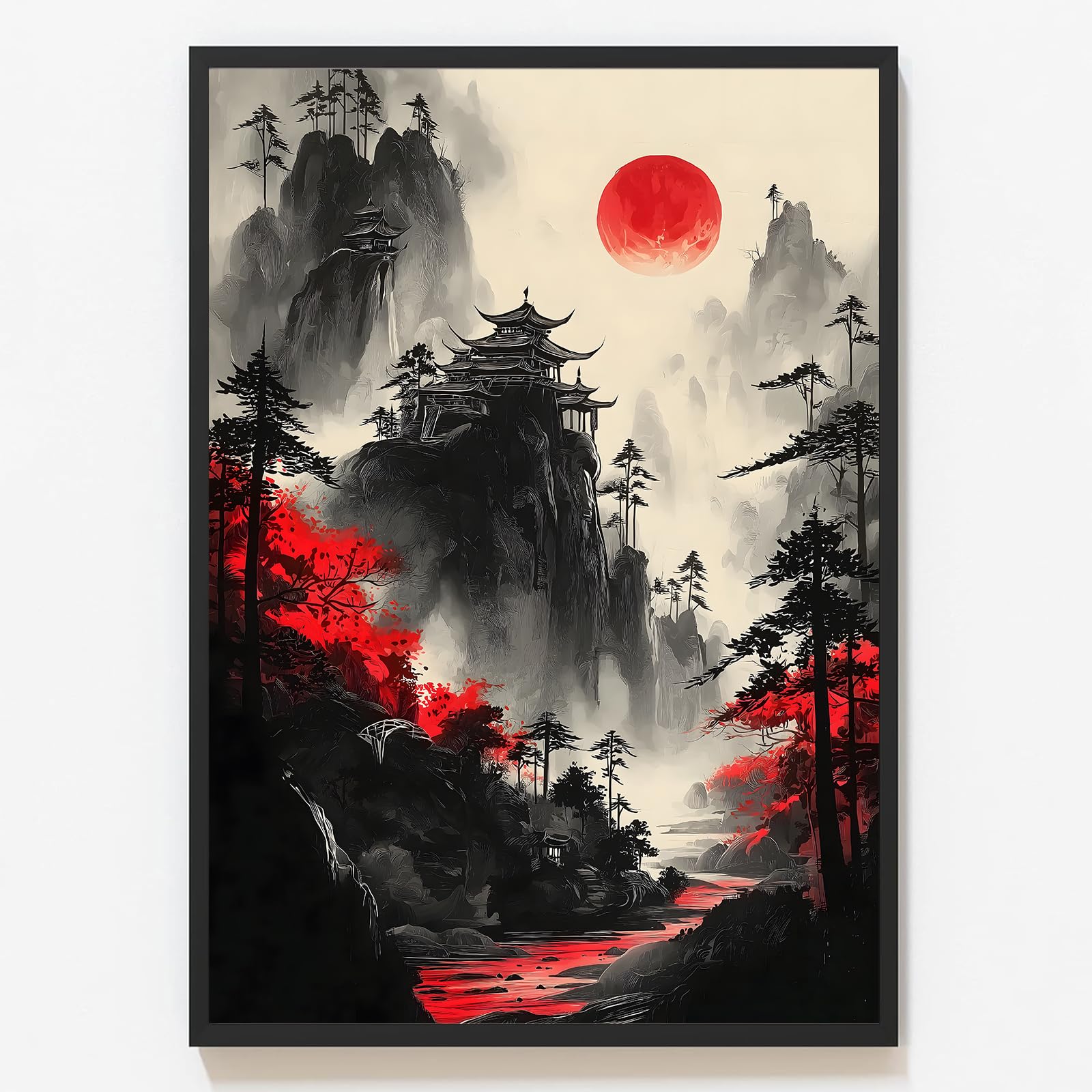 Japanese Cherry Blossom Canvas Wall Art Watercolor Nature Mountain Posters Red Full Moon Canvas Asian Landscape Wall Art Red Black White Pictures