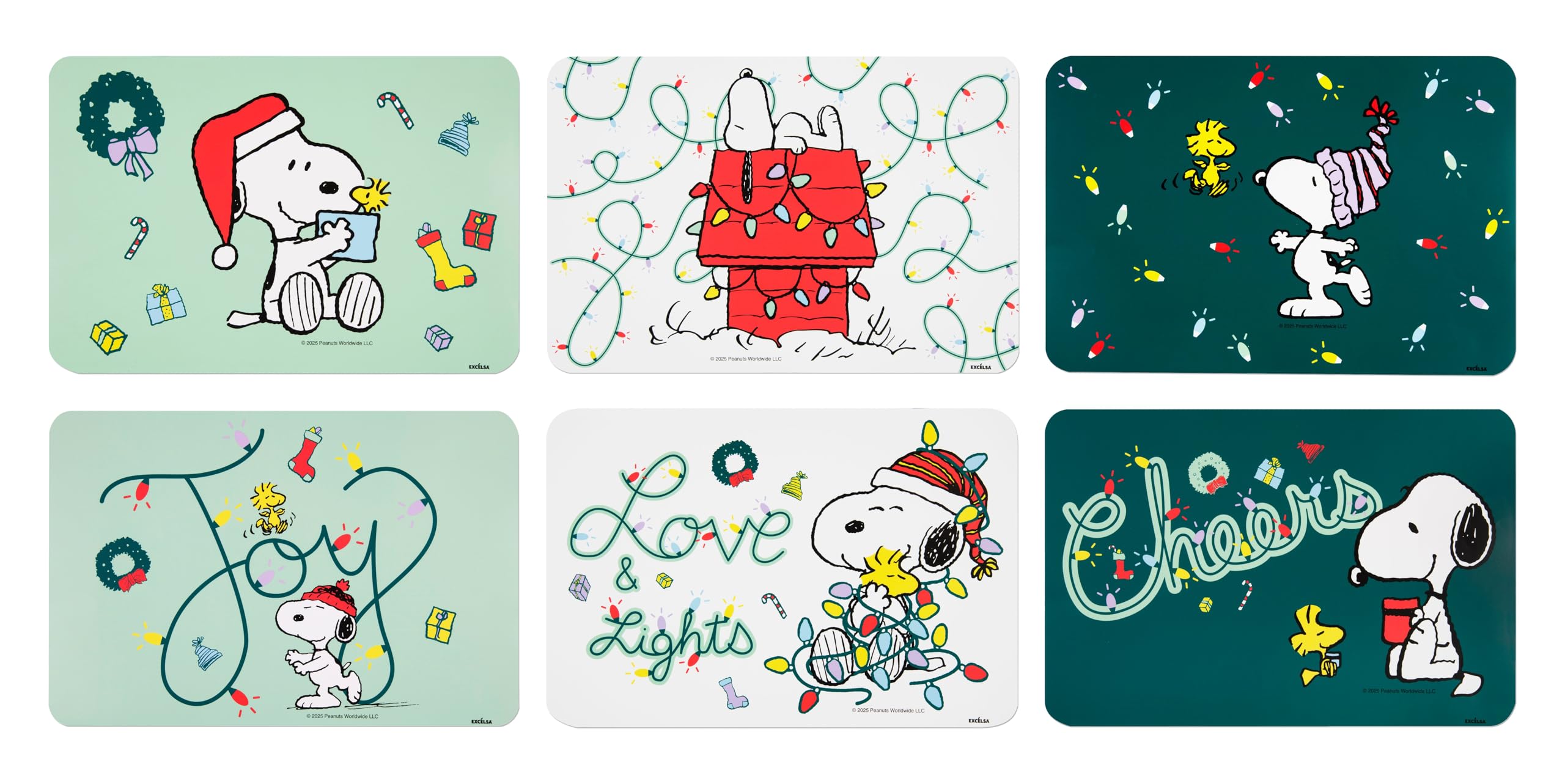 Excelsa Peanuts Shiny & Bright Set of 6 Placemats, PP Plastic, Christmas Pattern, Green, 43 x 28.5 cm, Set of 6