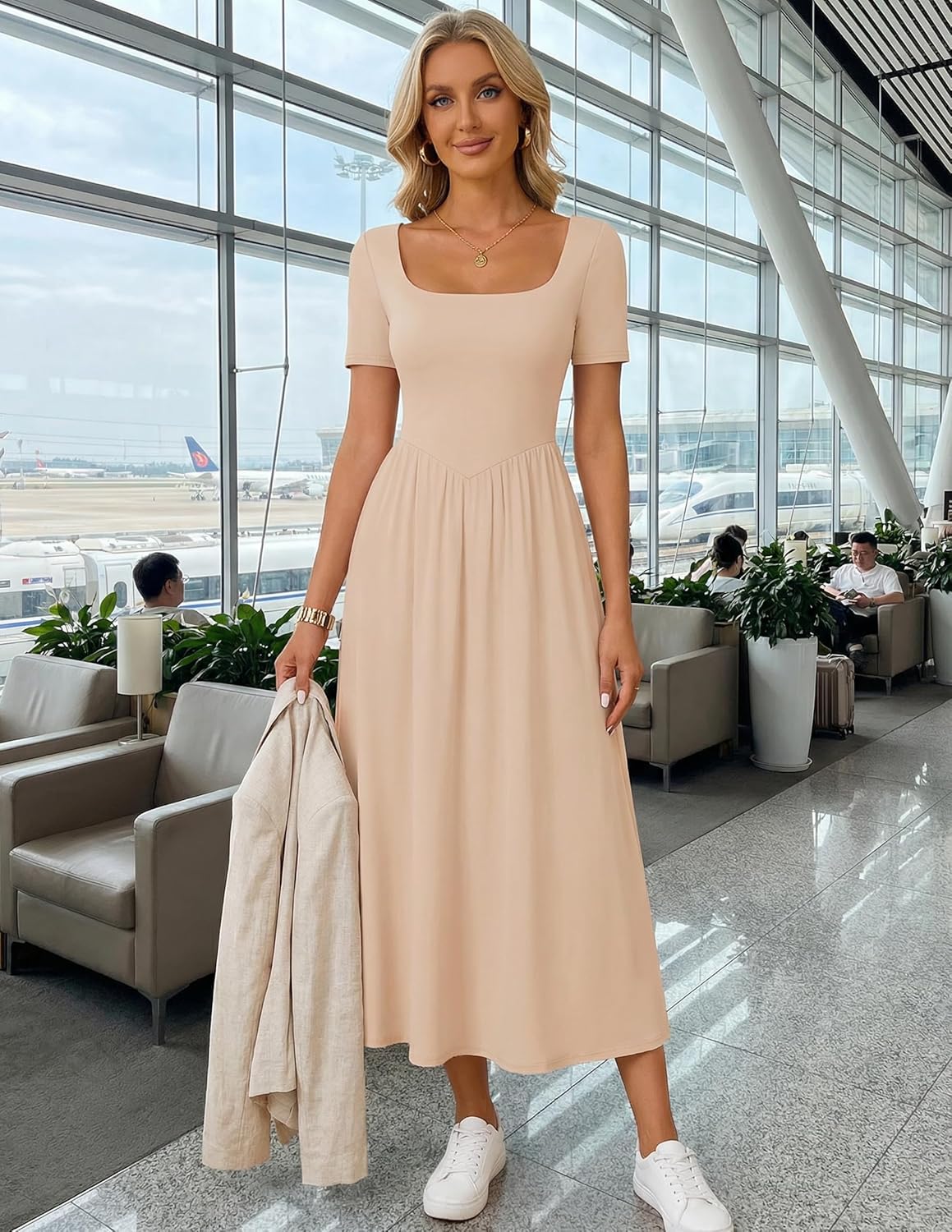 ZESICA Summer Dresses for Women 2026 Elegant Classy Square Neck Short Sleeve Flowy Cocktail Party Midi Dress - Image 9