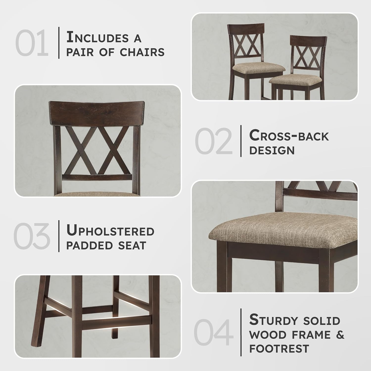 Lexicon Counter Height Stools Set of 2 - Attis Kitchen Counter Stools Set of 2, Upholstered Padded 25.5" Seat Height, Sturdy Solid Wood, Farmhouse Kitchen Chairs, Cross Back, Dark Brown