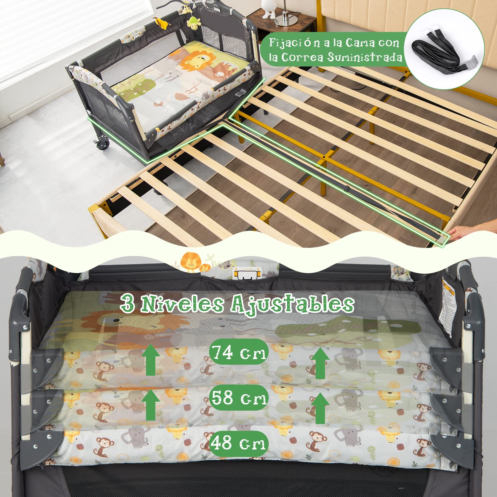 COSTWAY 4 en 1 Cuna de Viaje Plegable para Bebé con Colchón Cambiador, Parque Infantil Cuna Bebe con 3 Juguetes, Caja de Música y Bolsa de Transporte, Cuna Bebe con Colecho (Gris Oscuro)