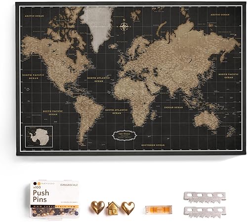 Mapa del mundo en lienzo con tablero de corcho - Letras inglesas - Decoración decorativa de pared para todas las habitaciones - Cuadros en lienzo