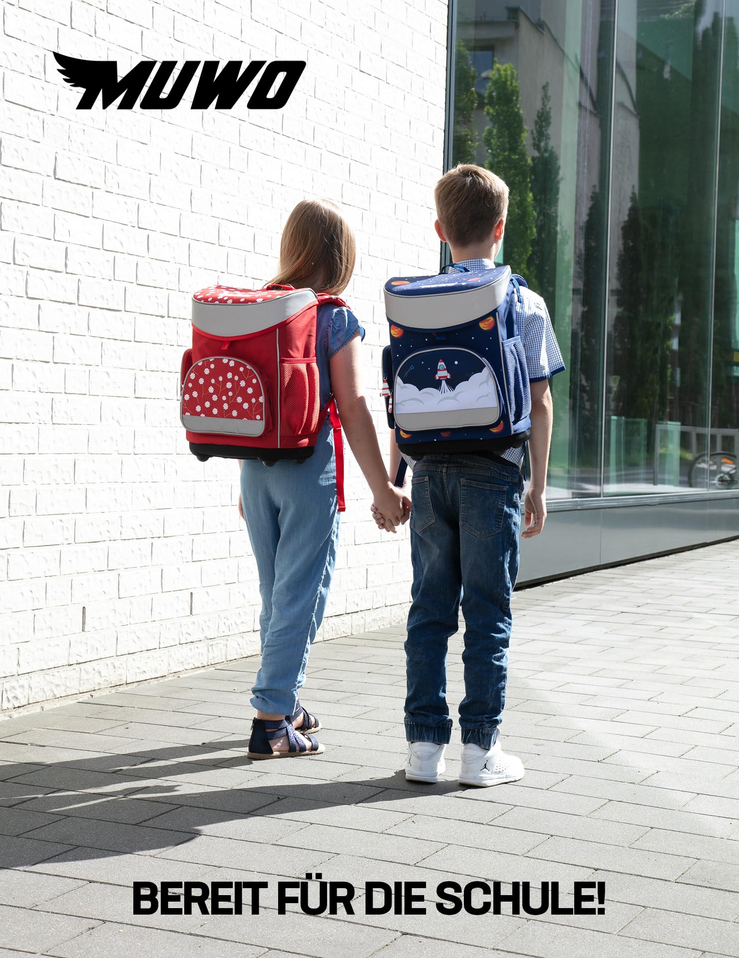 MUWO Kinder Schulranzen Set 5tlg. ergonomischer Leichter Schulrucksack mit Sporttasche, Turnbeutel, Federmappe, nur 920 Gramm (Weltraum Design)