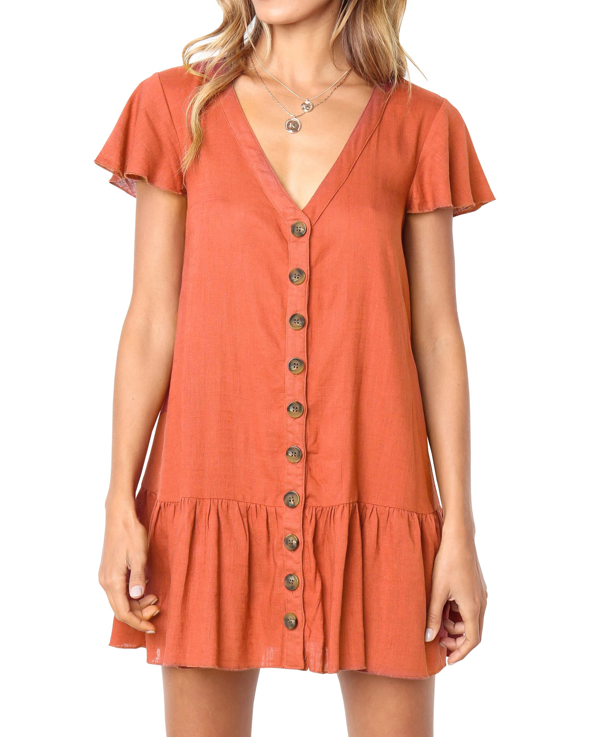 Imysty Womens Summer Polka Dot V Neck Button Down Loose Mini Dress