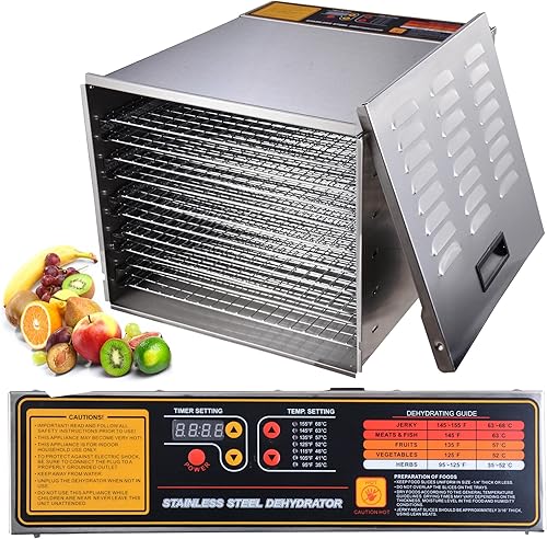 1200W 10charola de acero inoxidable alimentos Digital Jerky fruta deshidratador de alimentos con 10estantes de acero inoxidable temporizador digital