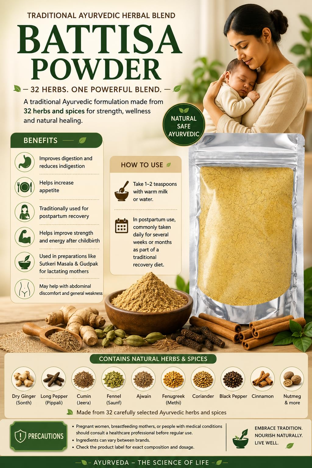 Traditional Battisa Powder/Harila/Achuwani: a Mixture of 32 Ayurvedic Herbs for New Mothers — Amazon image 2