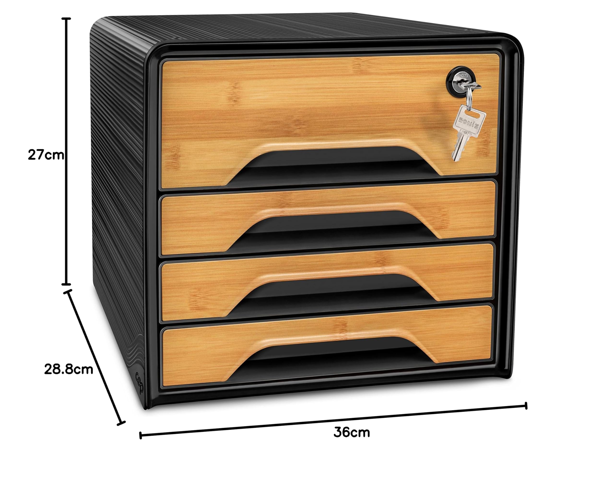 CEP Blocco di archiviazione con serratura modulo, organizzatore 4 cassetti, organizer per documenti, scrivania Smoove Secure, nero stampato Bambù