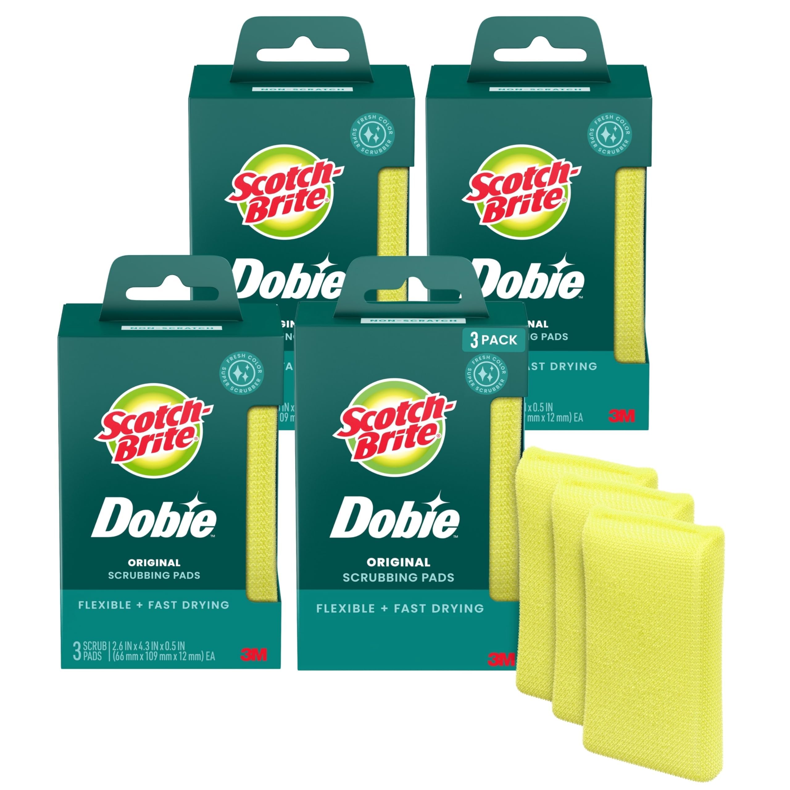 3M Scotch-Brite Dobie All Purpose Pads, 3Count (Pack of 4) Total 12 Pads