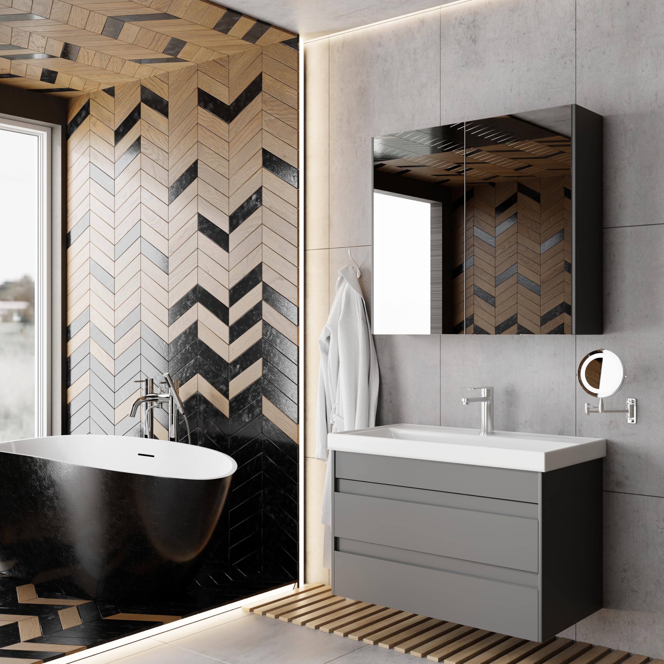 Badezimmermöbel Set Lara 80 Anthrazit | Keramikwaschbecken | Unterschrank | Spiegelschrank | Softclose-Schubladen & -Türen & unsichtbare Griffe | Moderner Stil | Badmöbel Waschtisch
