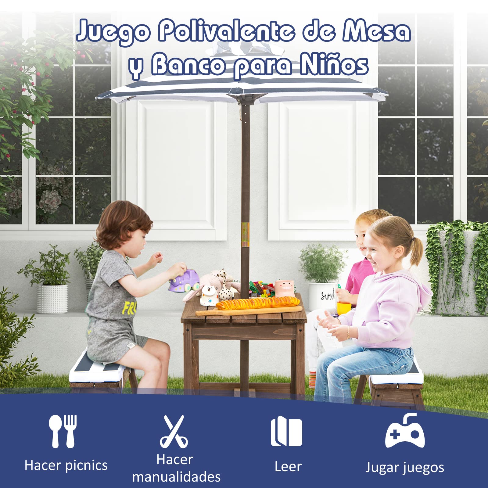 COSTWAY Juego de Mesa y Bancos de Madera con Cojines y Sombrilla, Set para Niños con Sombrilla para Interiores y Exteriores (Azul)