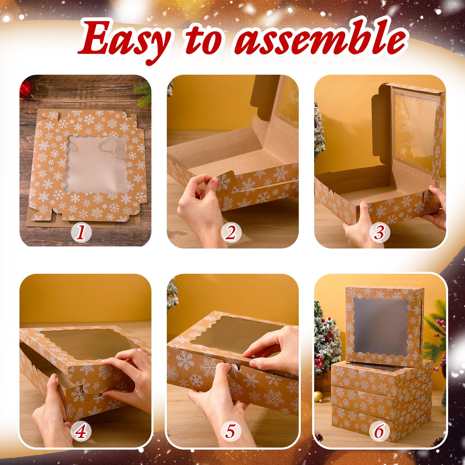 FoldTier Weihnachts-Keksboxen aus Kraftpapier mit Sichtfenster, 22,9 x 22,9 x 6,3 cm, Weihnachtsschneeflocke, Bäckerei, Geschenkboxen für Weihnachten, Party, Geschenke, 48 Stück