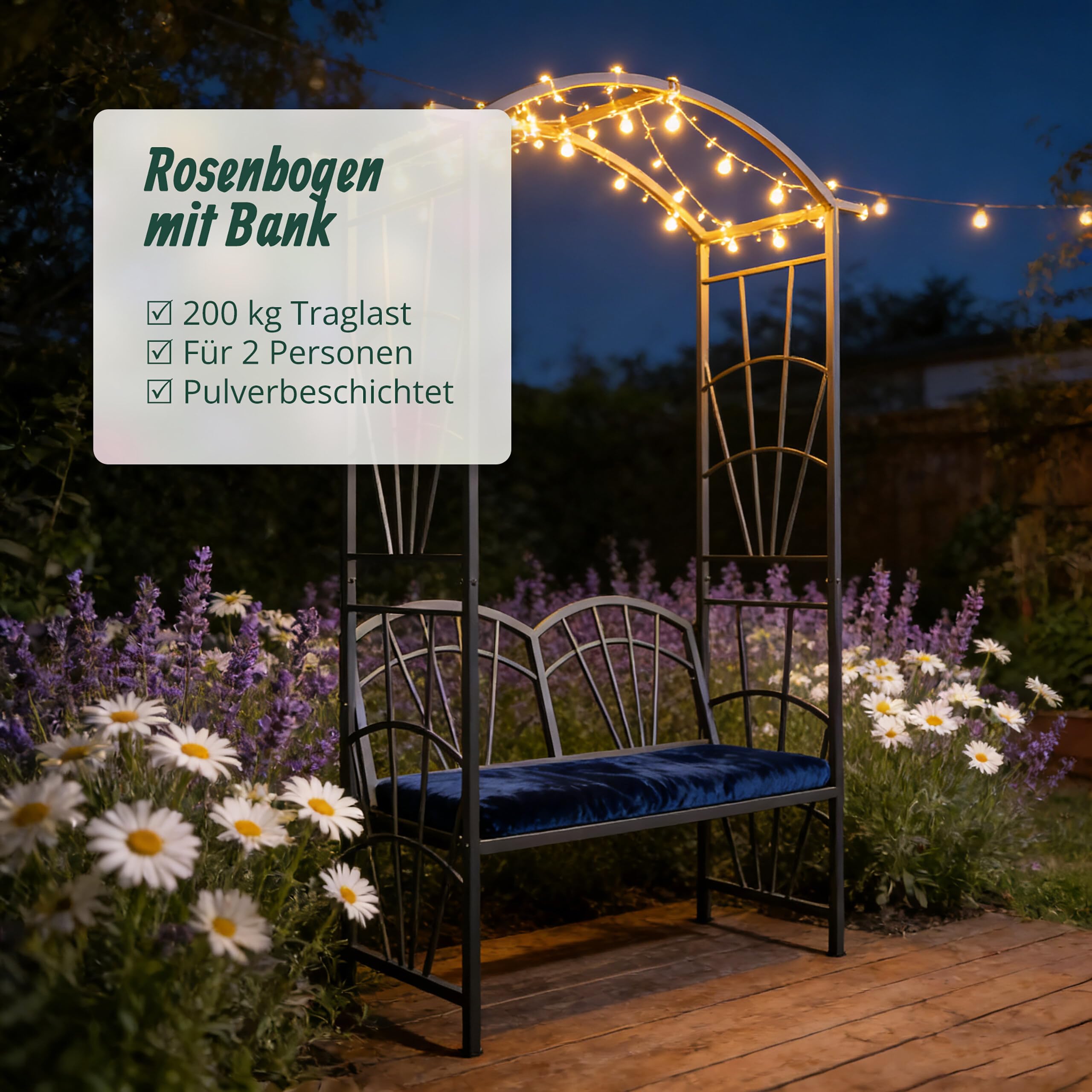 Relaxdays Rosenbogen, Metall, HBT: 210 x 134 x 48 cm, Torbogen mit Bank, Stabiler Rankbogen für Kletterpflanzen, schwarz