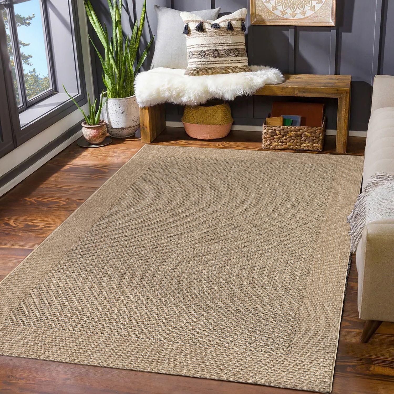 TT Home Alfombra Interior Exterior Tejido Laminado Balcón Terraza Ribete Negro, Tamaño:120x170 cm