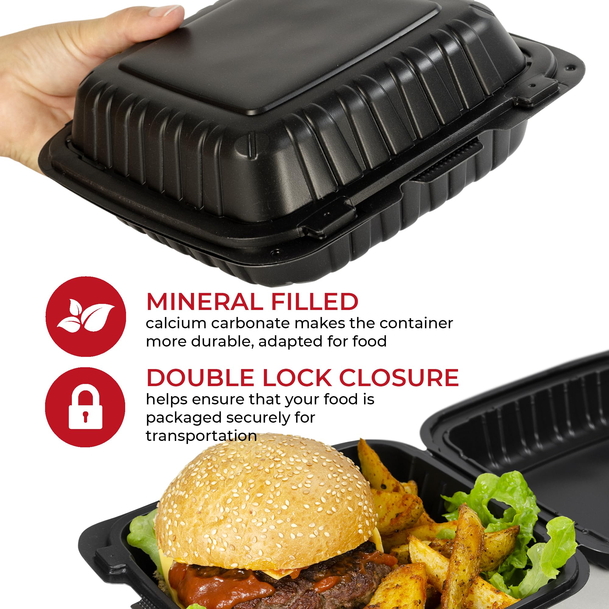 SPARGOS Cajas para llevar comida 60 unidades 20x20 cm - Clamshell biodegradables de poliestireno - Cajas para hamburguesas reutilizables - Contenedores desechables negros con 1 compartimento y tapas