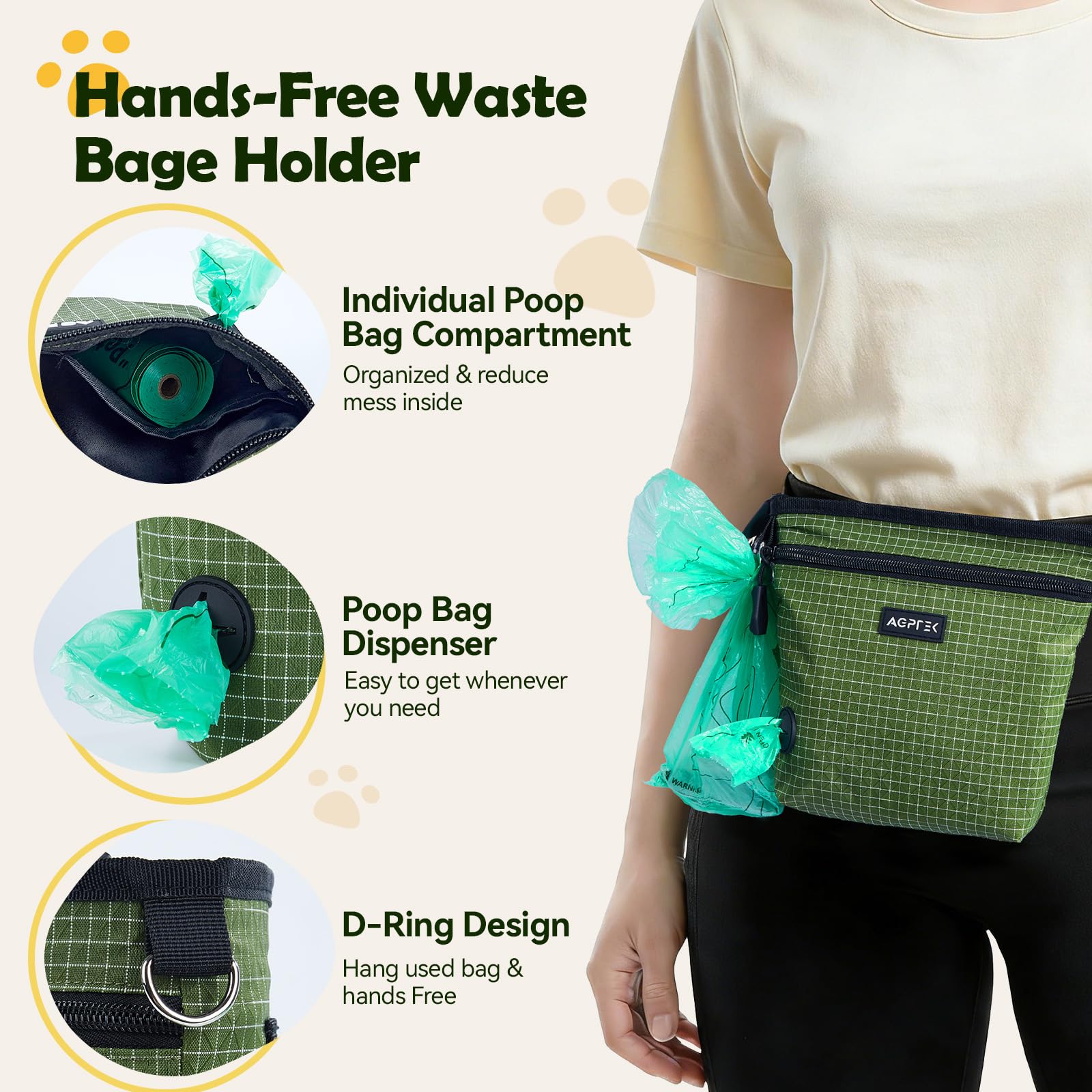 AGPTEK Dog Treat Pouch, Magnetic Dog Walking Pouch with Removable & Split Snack Bag, Water-Resistant Waist Pack with Poop Bag Dispenser & Hands-Free D-Ring for Training, Walking, Hiking, Run, Green - image 6